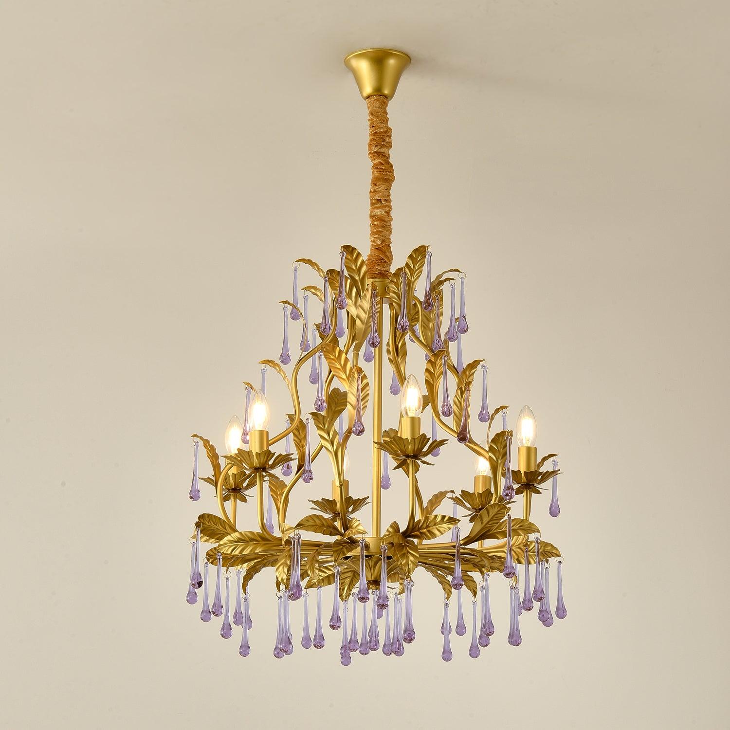 Murano Chandelier Purple Crystal Droplets Gold Leaves - Letslighting