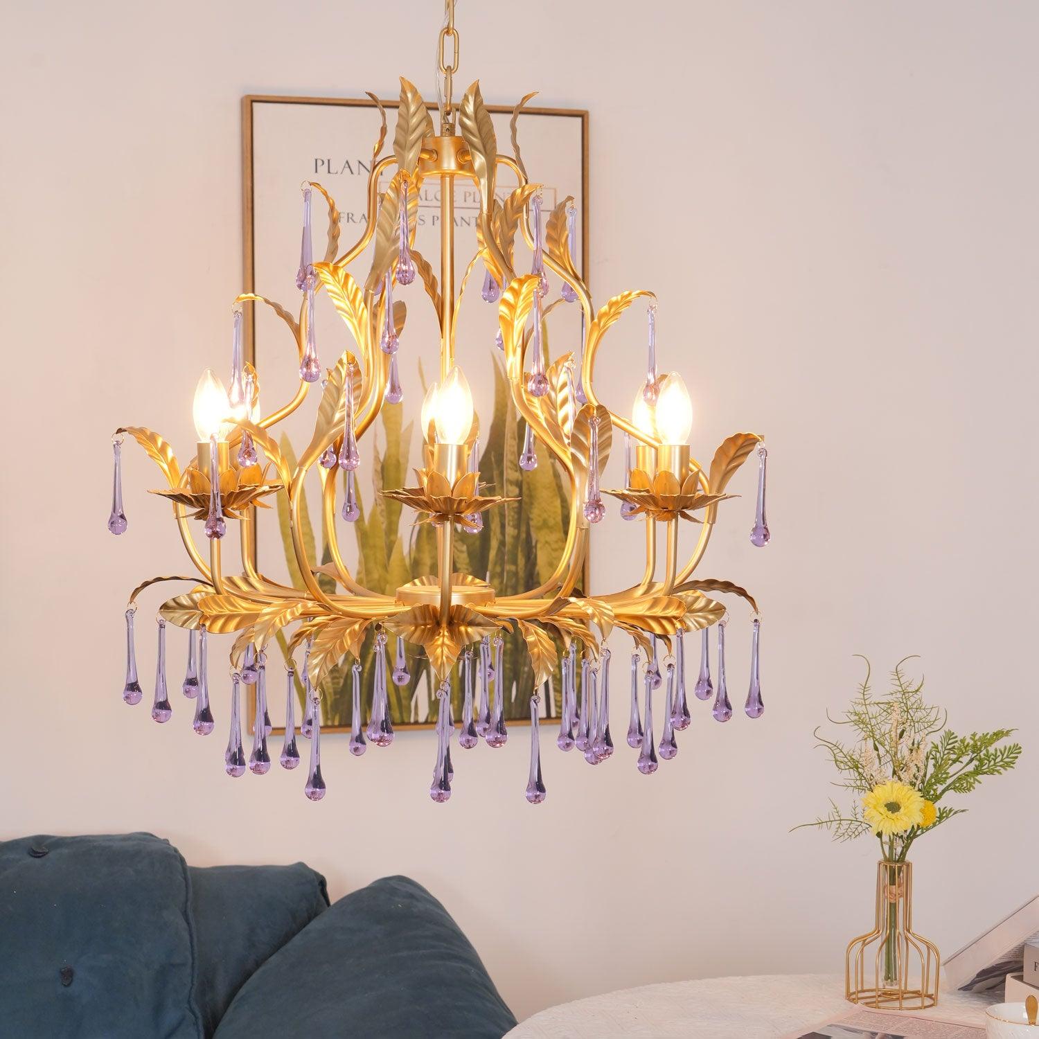 Murano Chandelier Purple Crystal Droplets Gold Leaves - Letslighting