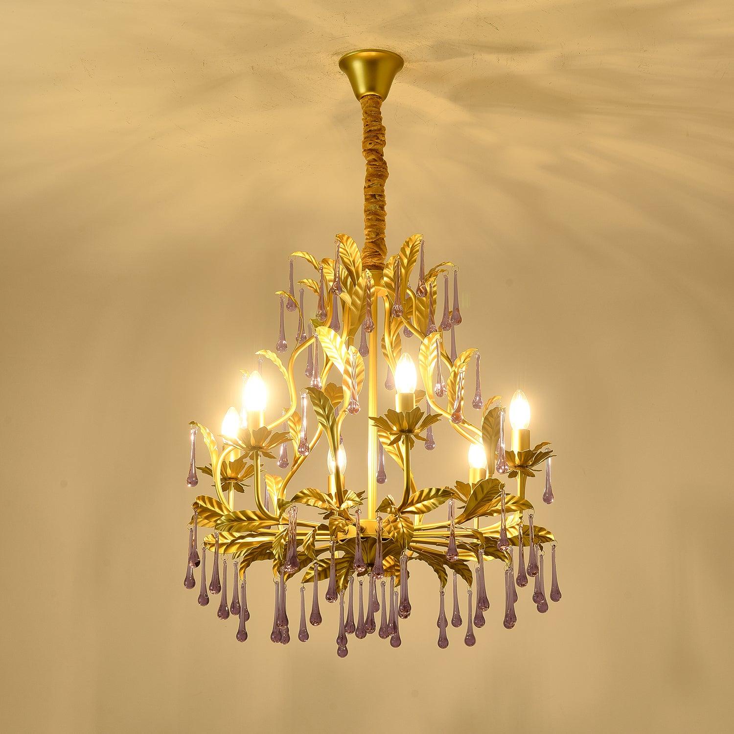 Murano Chandelier Purple Crystal Droplets Gold Leaves - Letslighting