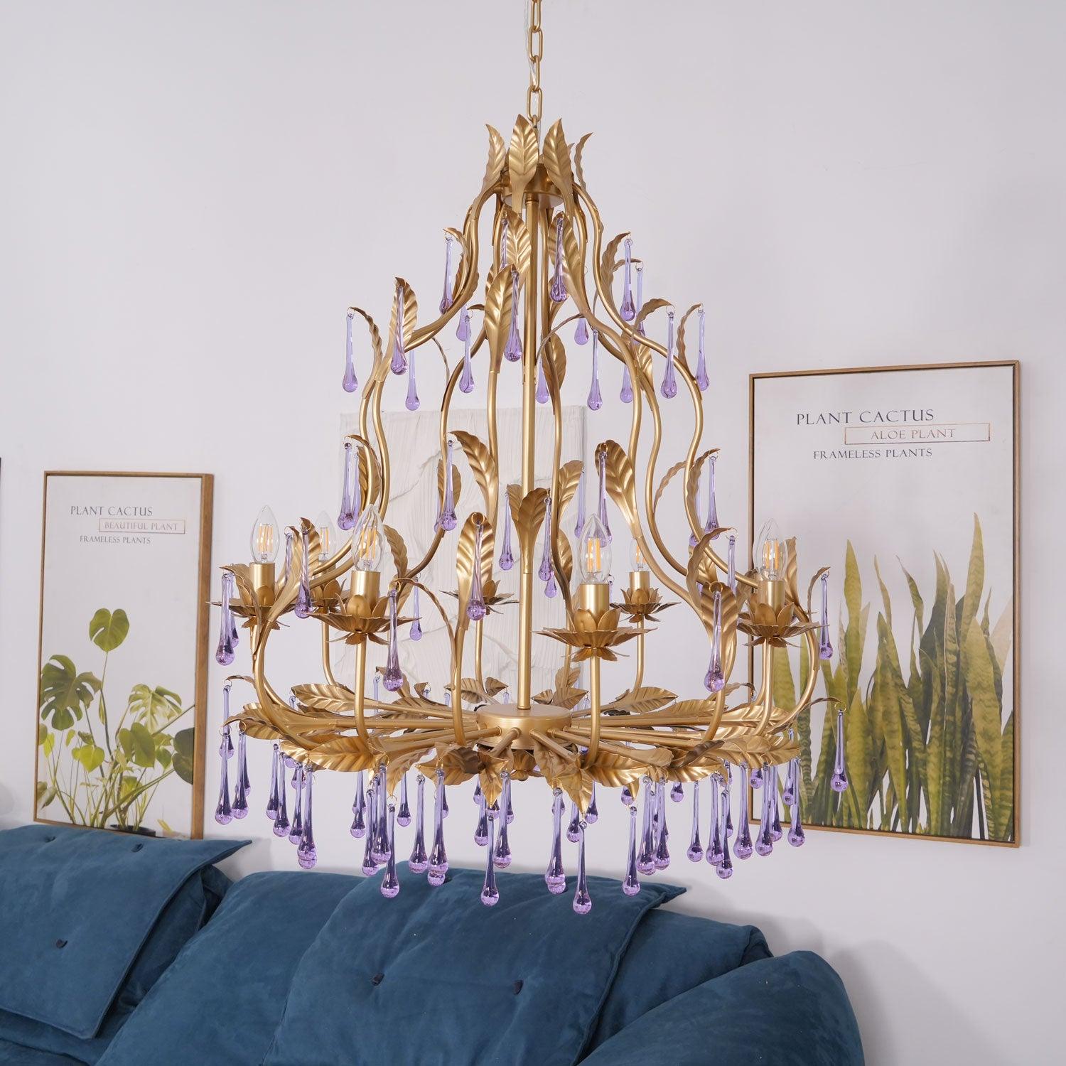 Murano Chandelier Purple Crystal Droplets Gold Leaves - Letslighting