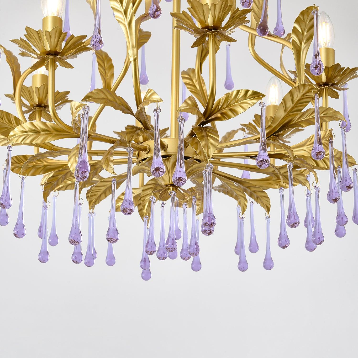 Murano Chandelier Purple Crystal Droplets Gold Leaves - Letslighting