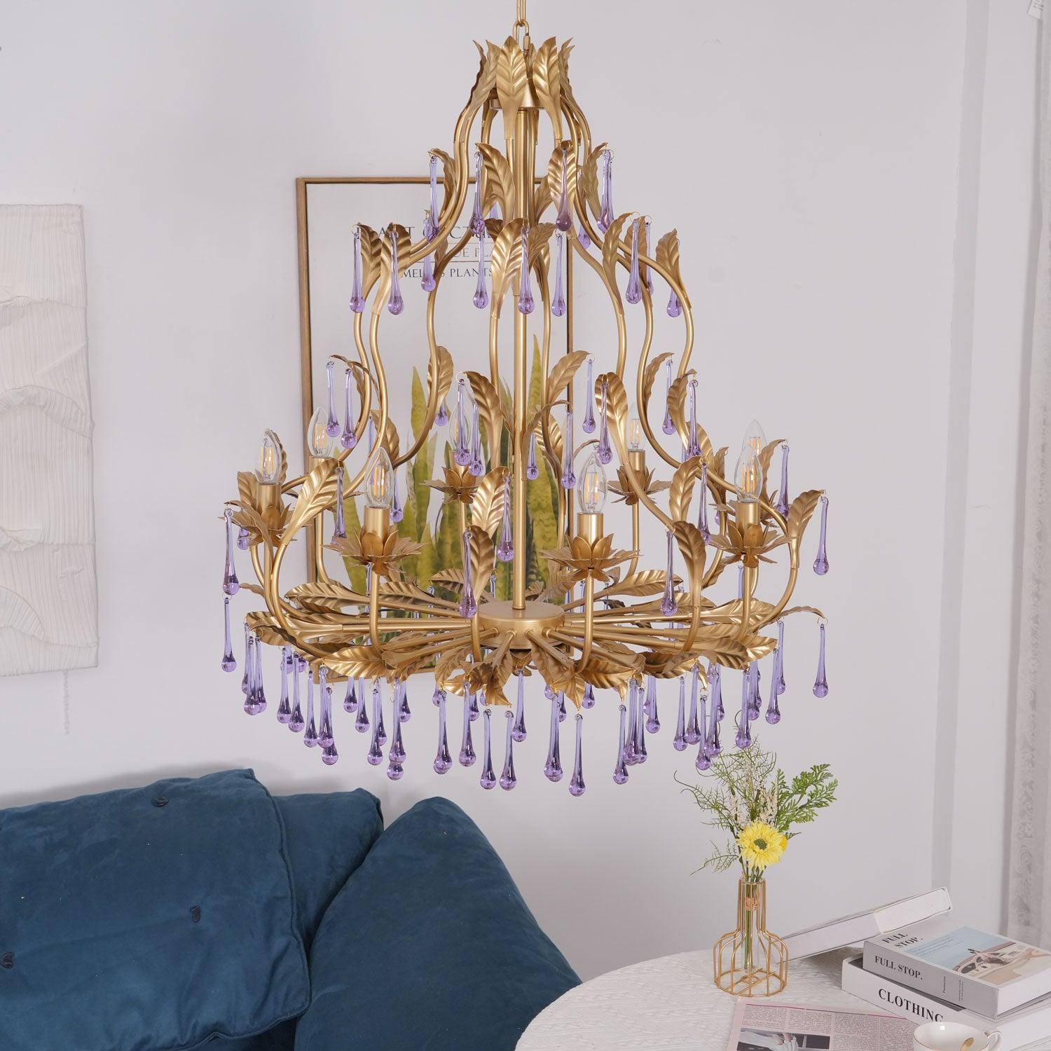 Murano Chandelier Purple Crystal Droplets Gold Leaves - Letslighting