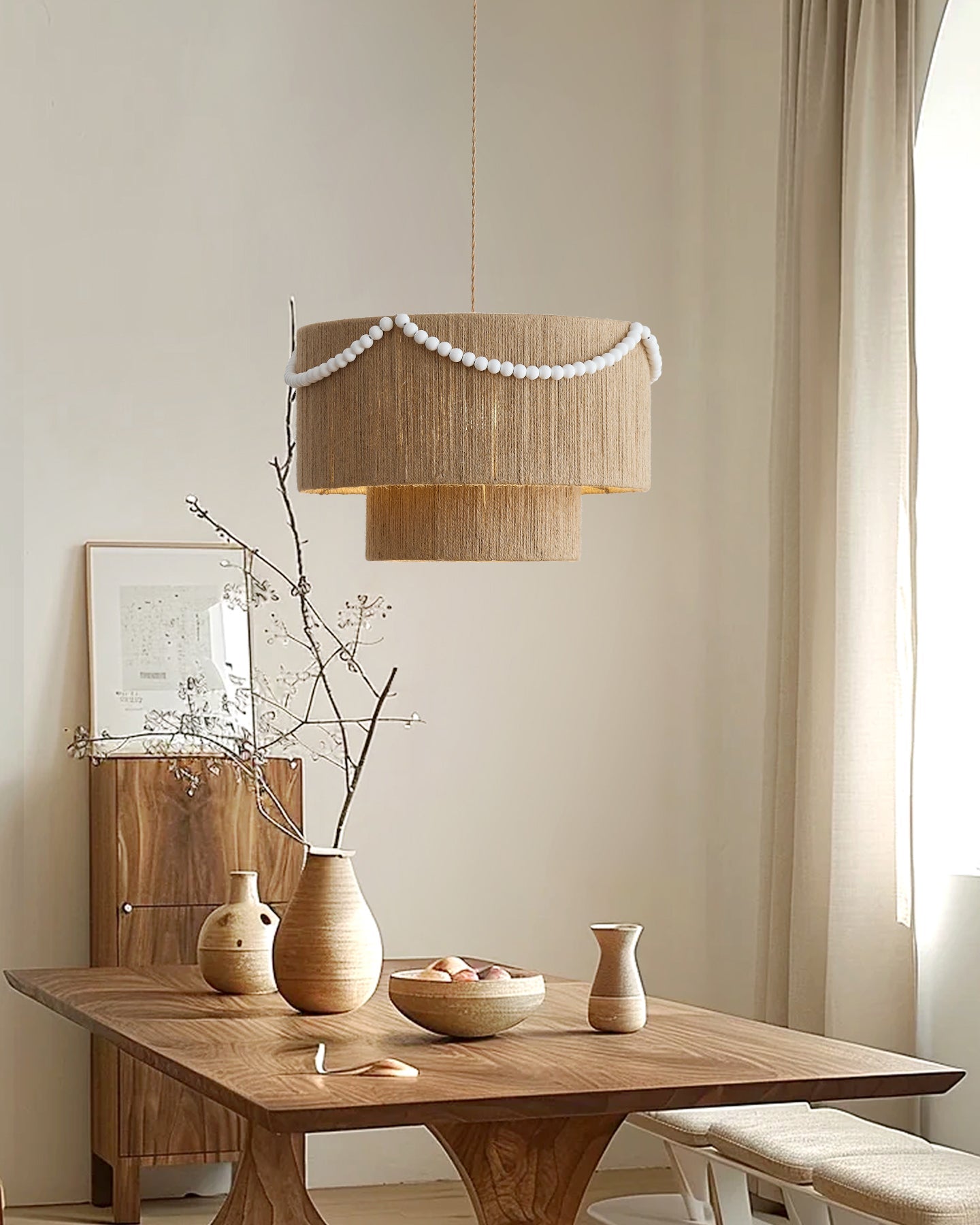 Raffine Pendant Lamp with Jute Drum & Beaded - Letslighting