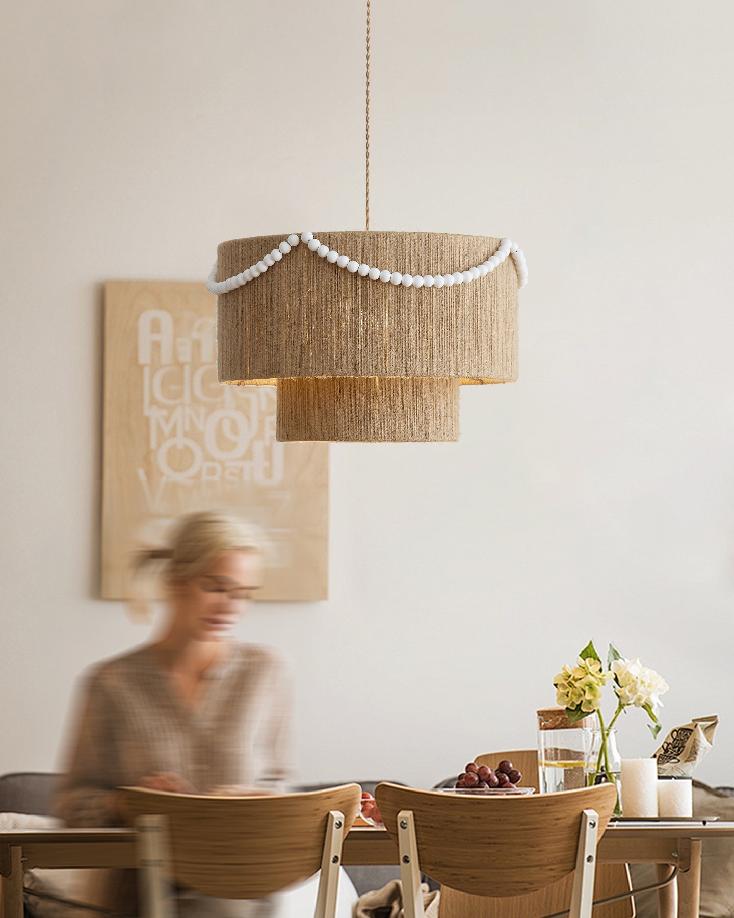 Raffine Pendant Lamp with Jute Drum & Beaded - Letslighting