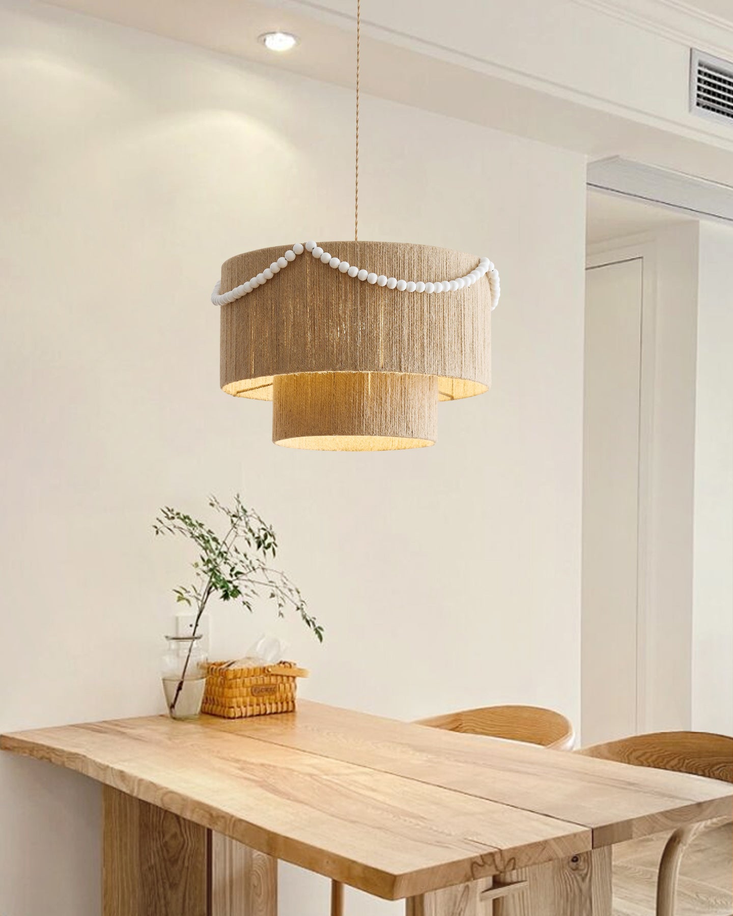 Raffine Pendant Lamp with Jute Drum & Beaded - Letslighting