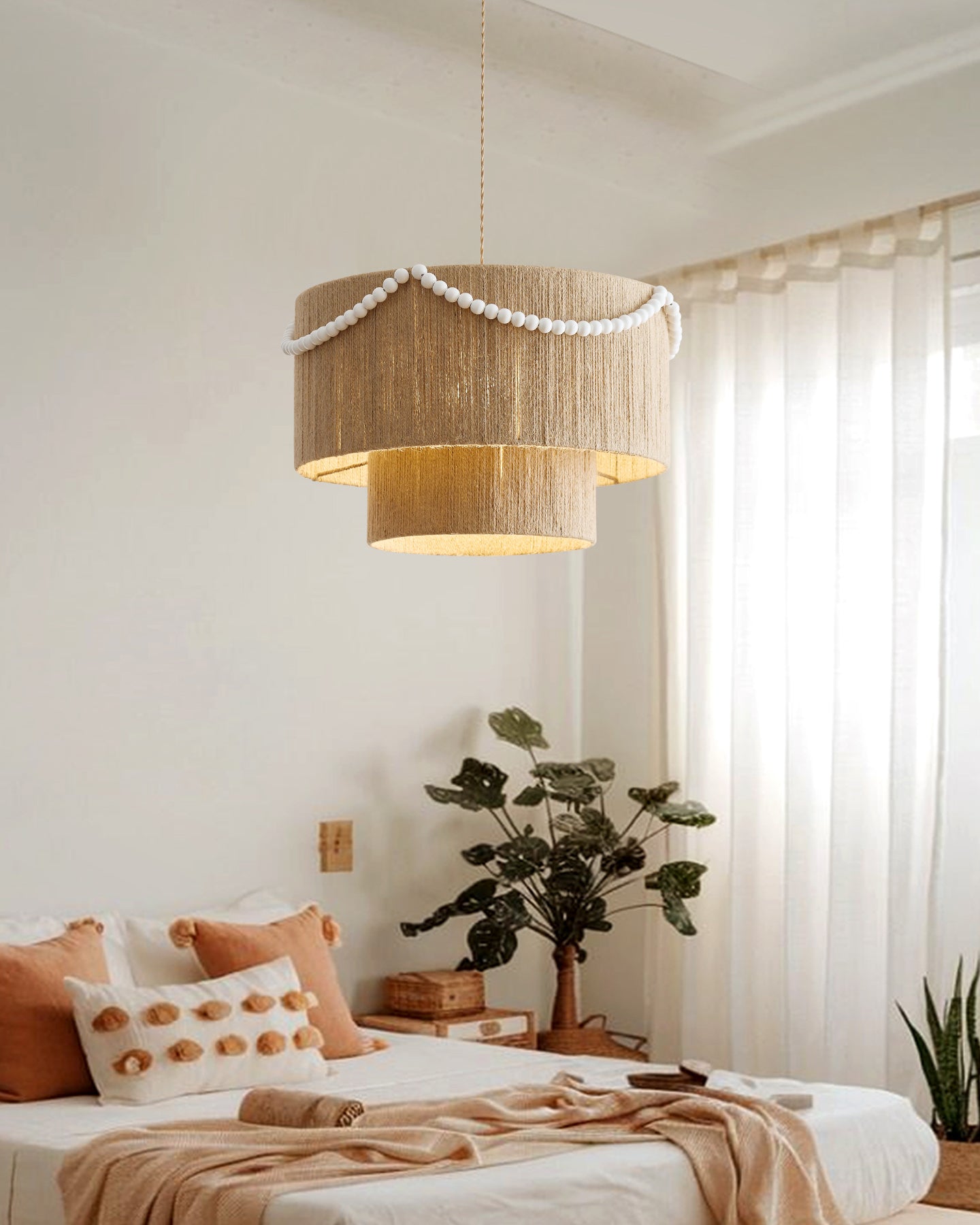 Raffine Pendant Lamp with Jute Drum & Beaded - Letslighting