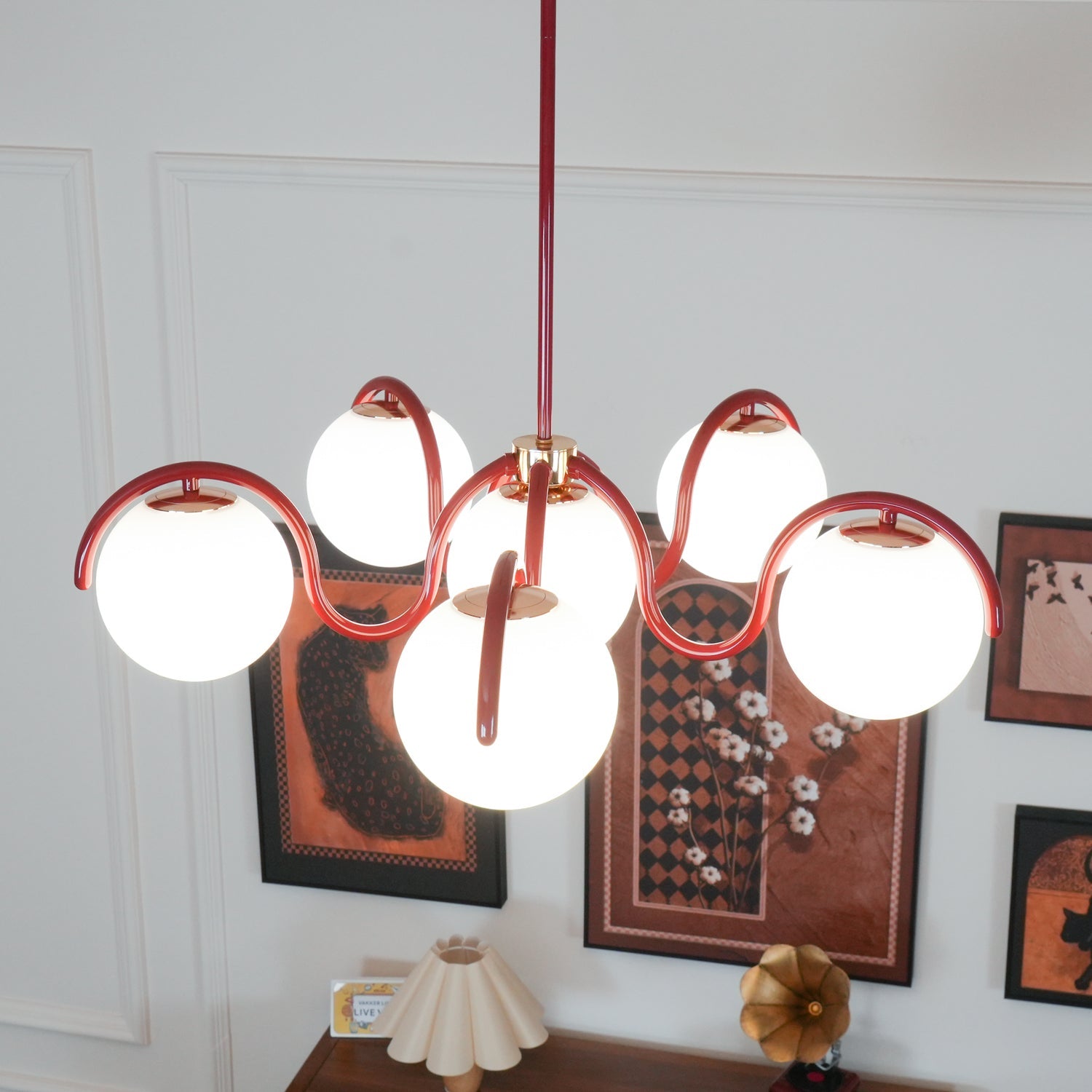 Aria Curve Linear Chandelier Red&Silver