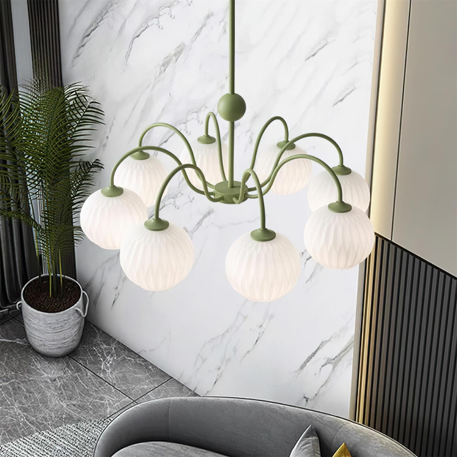 Lustra Chandelier Green Ribbed Glass Modern 8-Light - Letslighting
