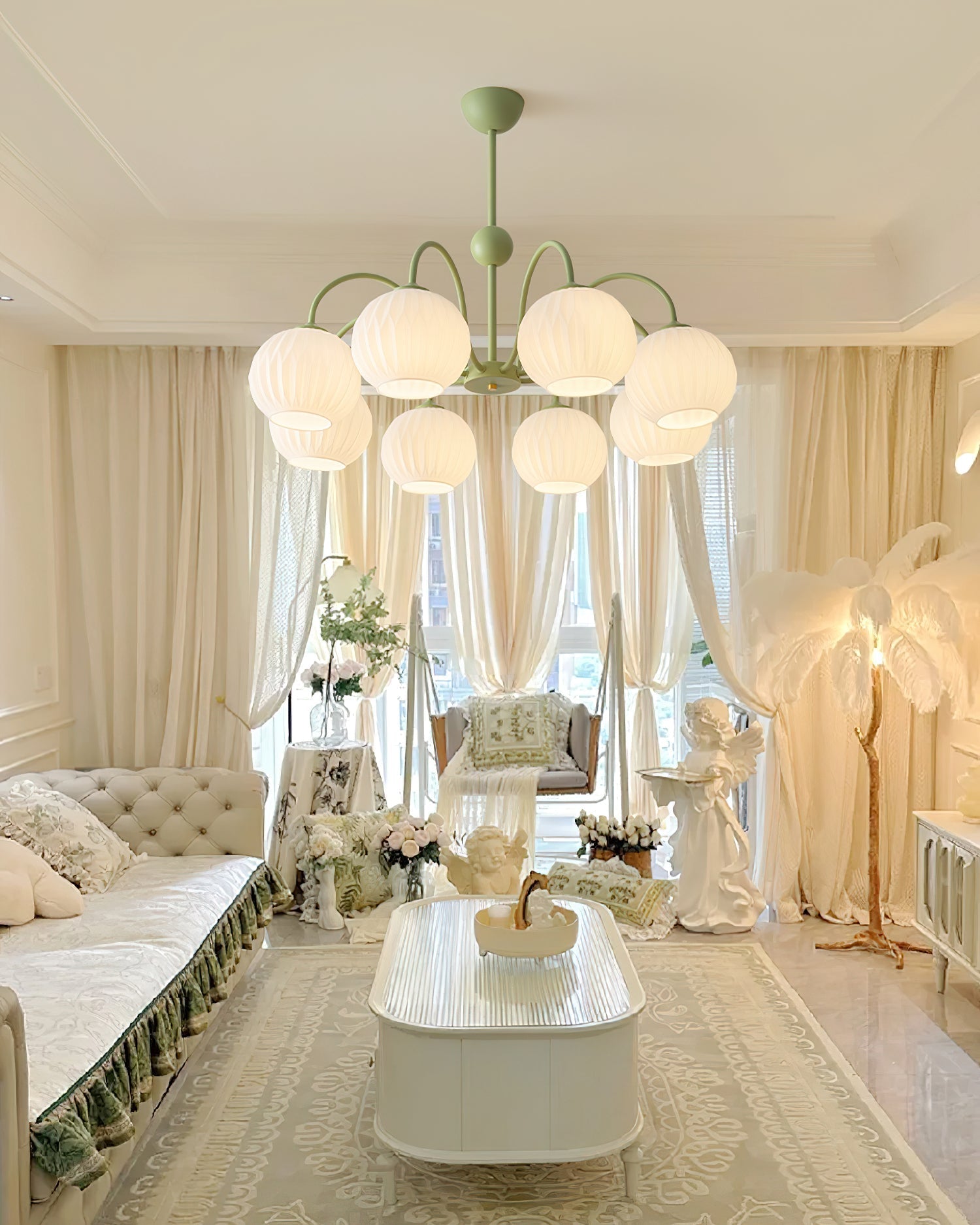 Lustra Chandelier Green Ribbed Glass Modern 8-Light - Letslighting