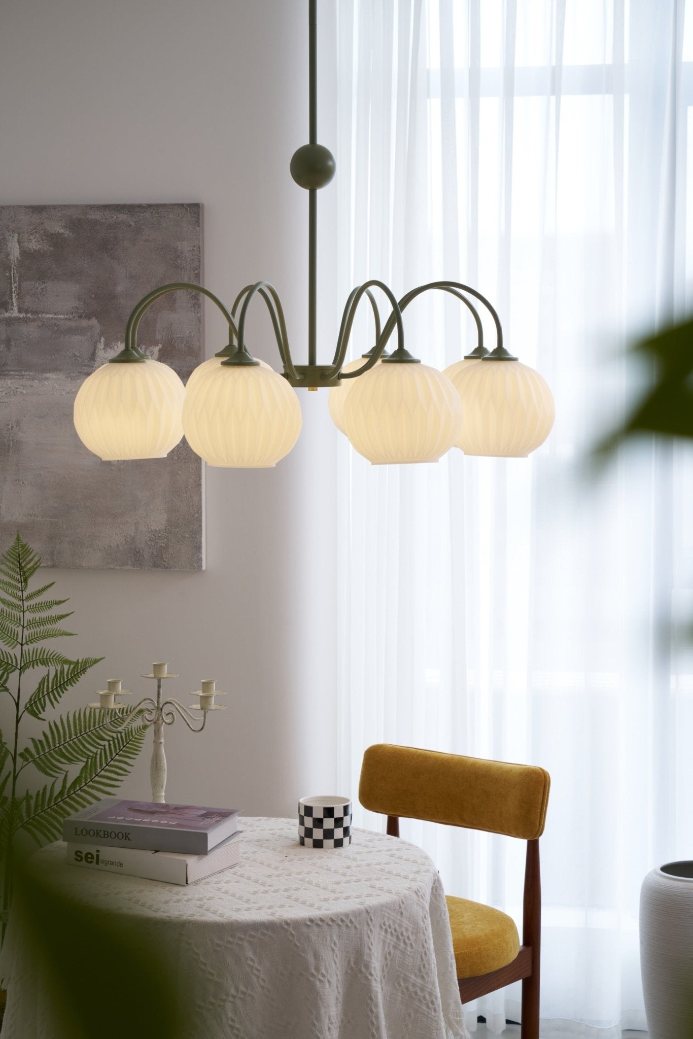 Lustra Chandelier Green Ribbed Glass Modern 8-Light - Letslighting