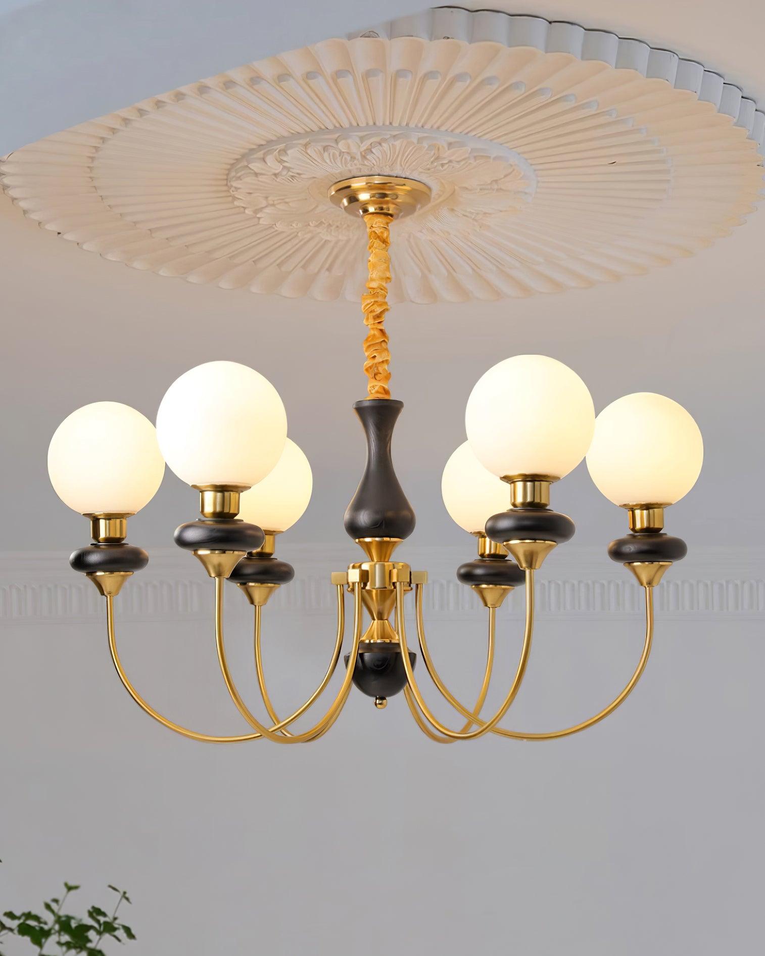 Chandelier Brass Curved Arms Walnut Vintage Elegant - Letslighting