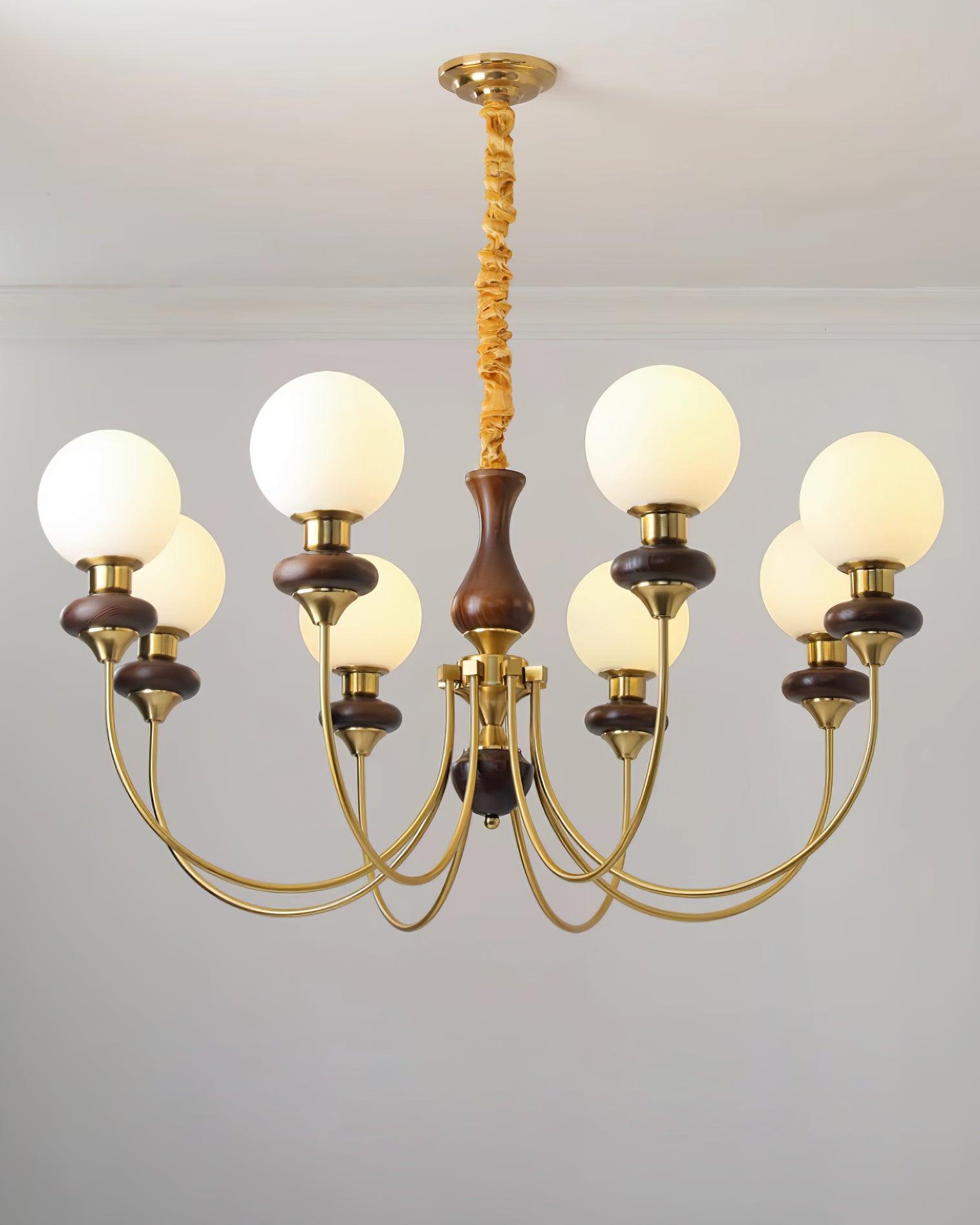 Chandelier Brass Curved Arms Walnut Vintage Elegant - Letslighting