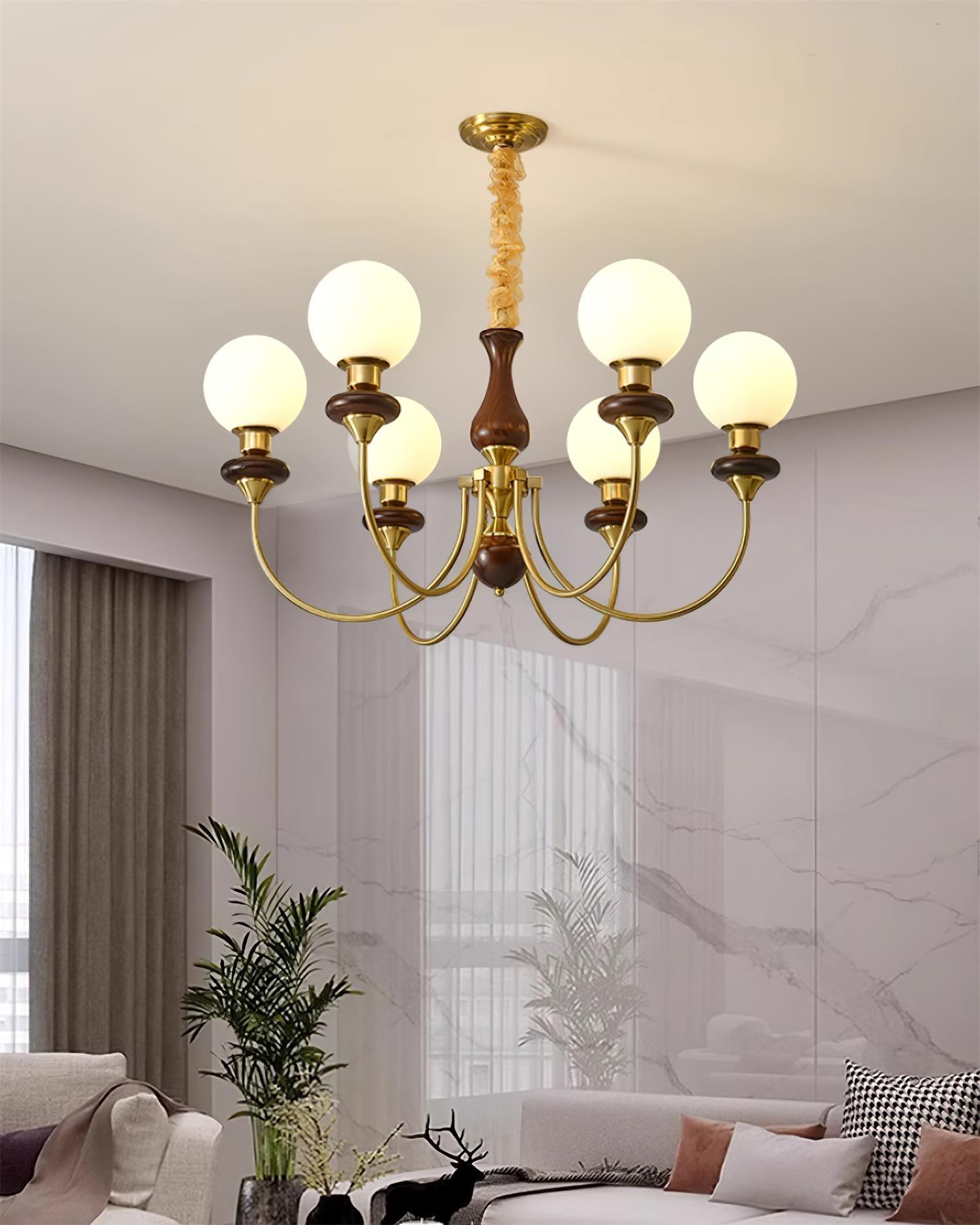 Chandelier Brass Curved Arms Walnut Vintage Elegant - Letslighting