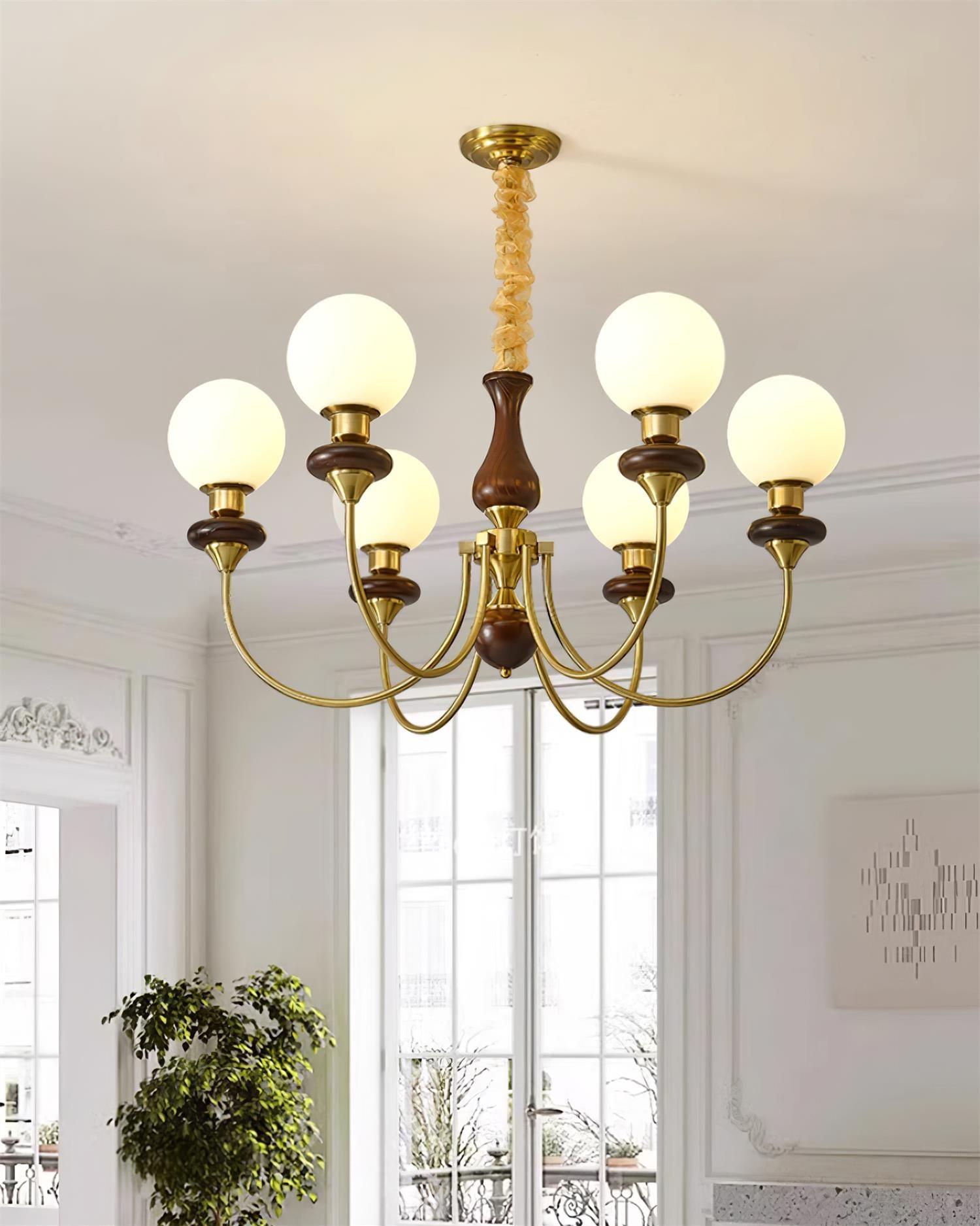 Chandelier Brass Curved Arms Walnut Vintage Elegant - Letslighting
