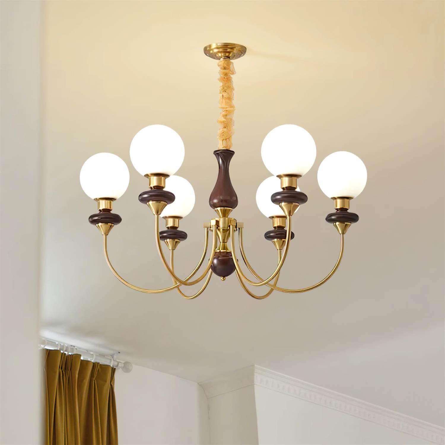 Chandelier Brass Curved Arms Walnut Vintage Elegant - Letslighting