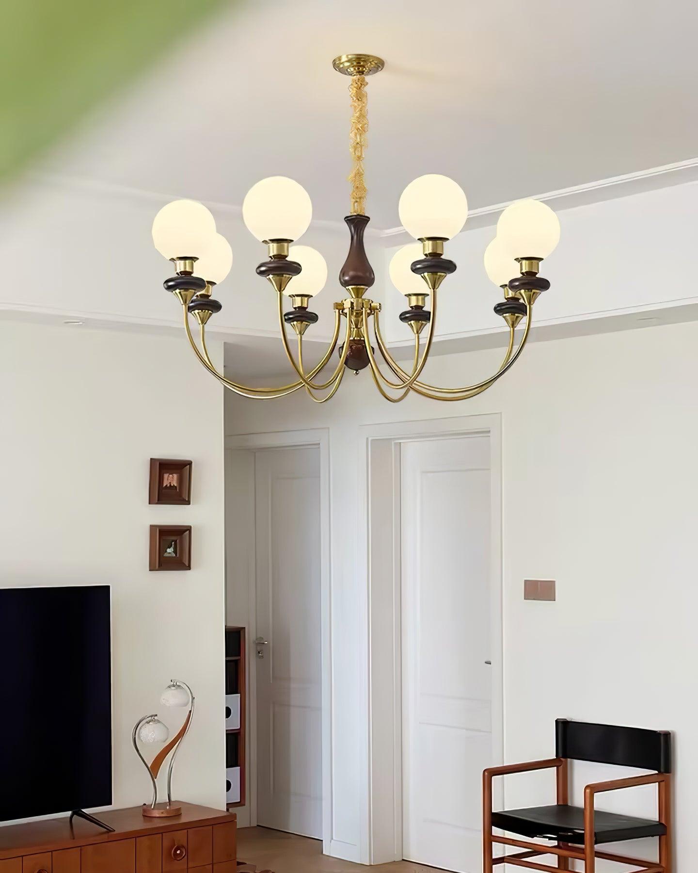 Chandelier Brass Curved Arms Walnut Vintage Elegant - Letslighting