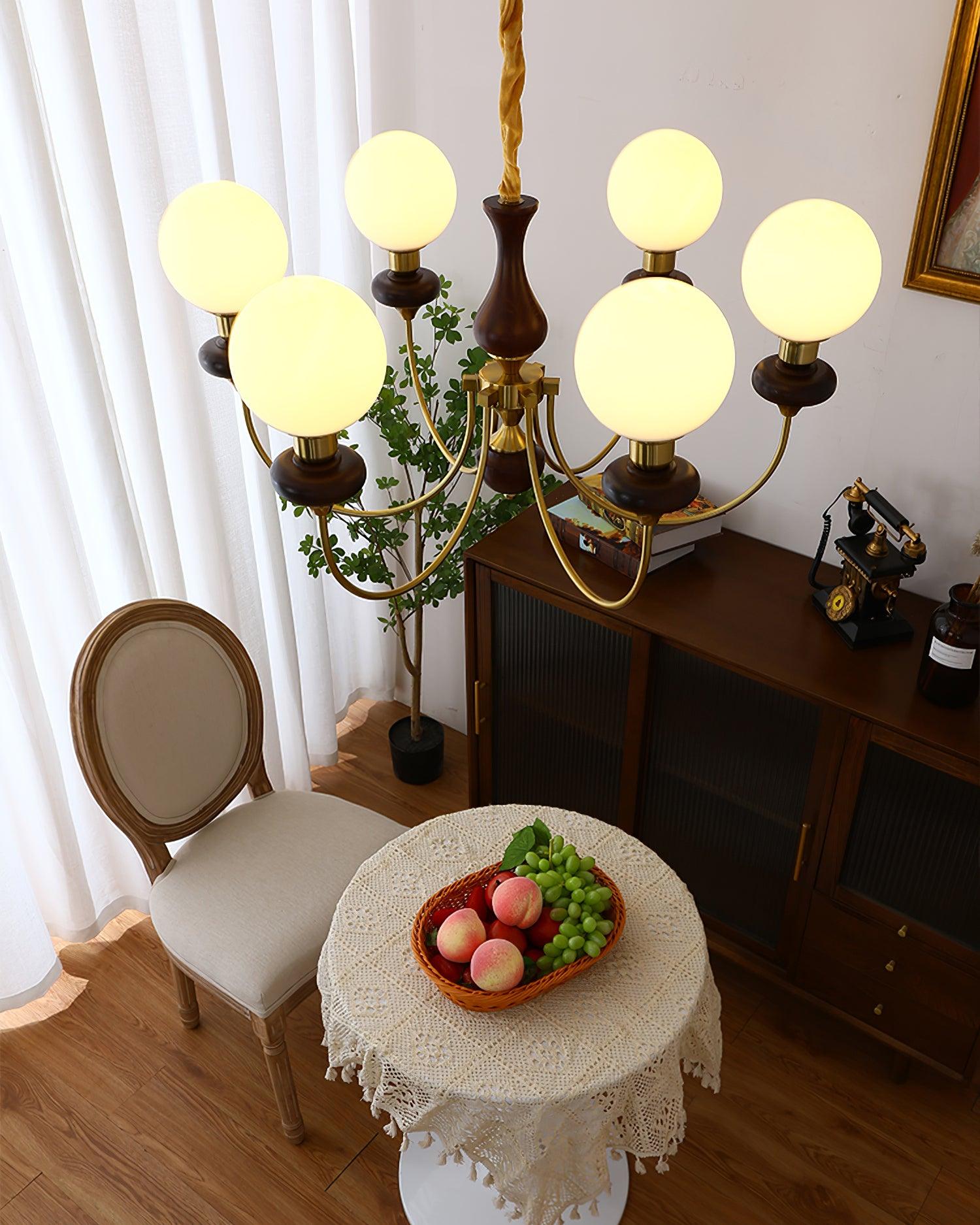 Chandelier Brass Curved Arms Walnut Vintage Elegant - Letslighting