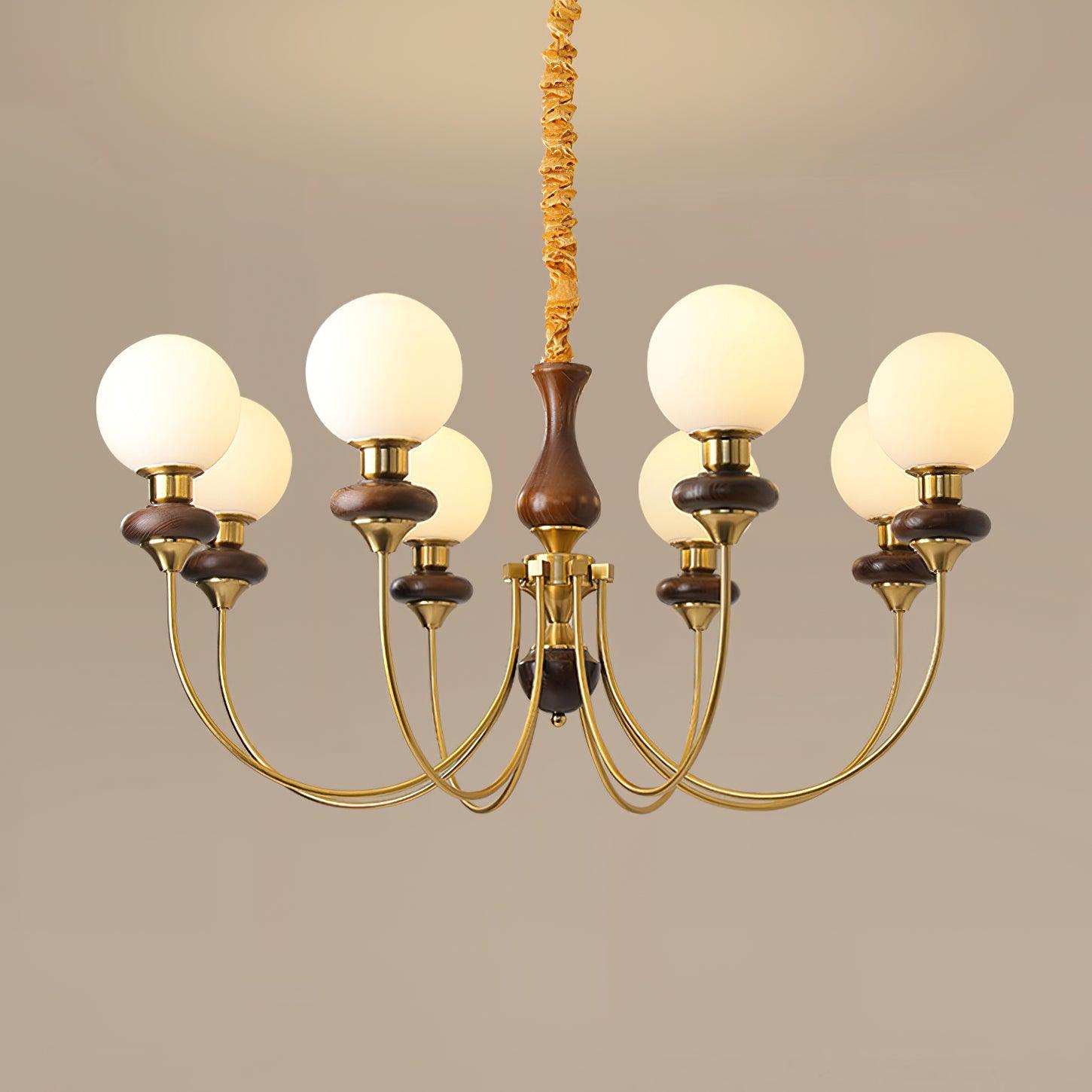 Chandelier Brass Curved Arms Walnut Vintage Elegant - Letslighting