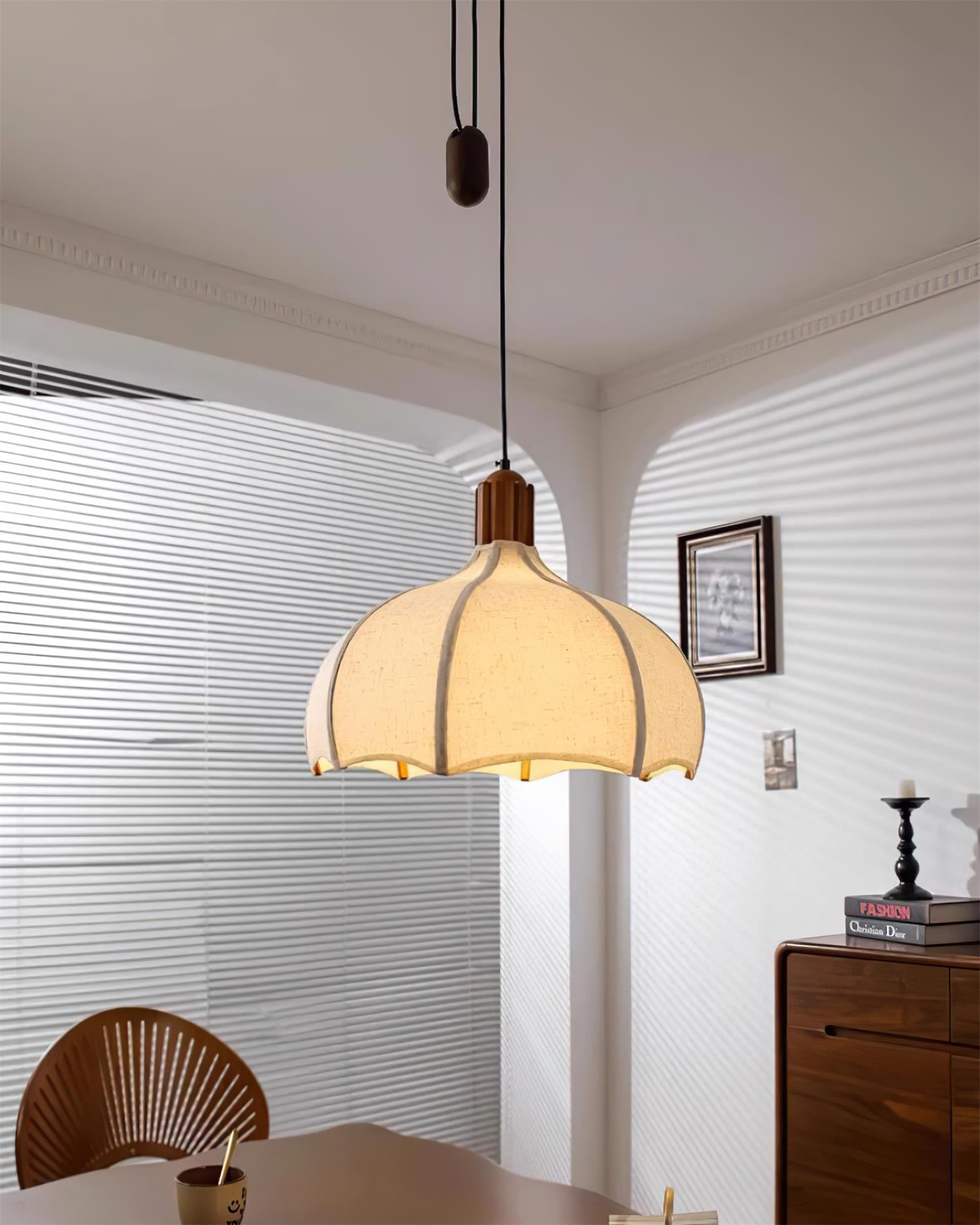 Revi Pendant Lamp Wood Fabric Scalloped Adjustable - Letslighting