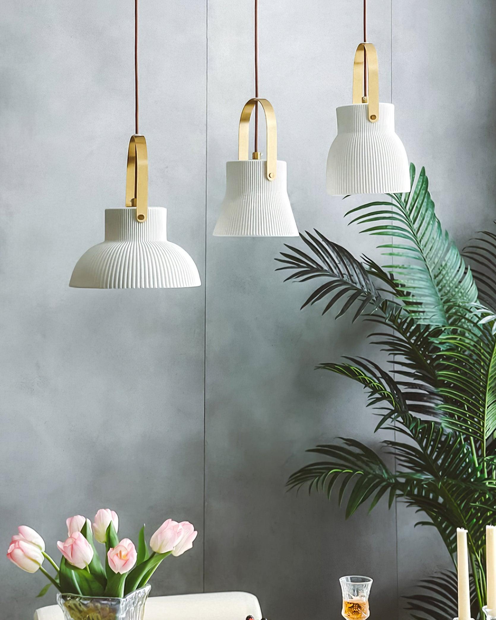 Pendant Lamp Ribbed White Ceramic with Brass Handle - Letslighting