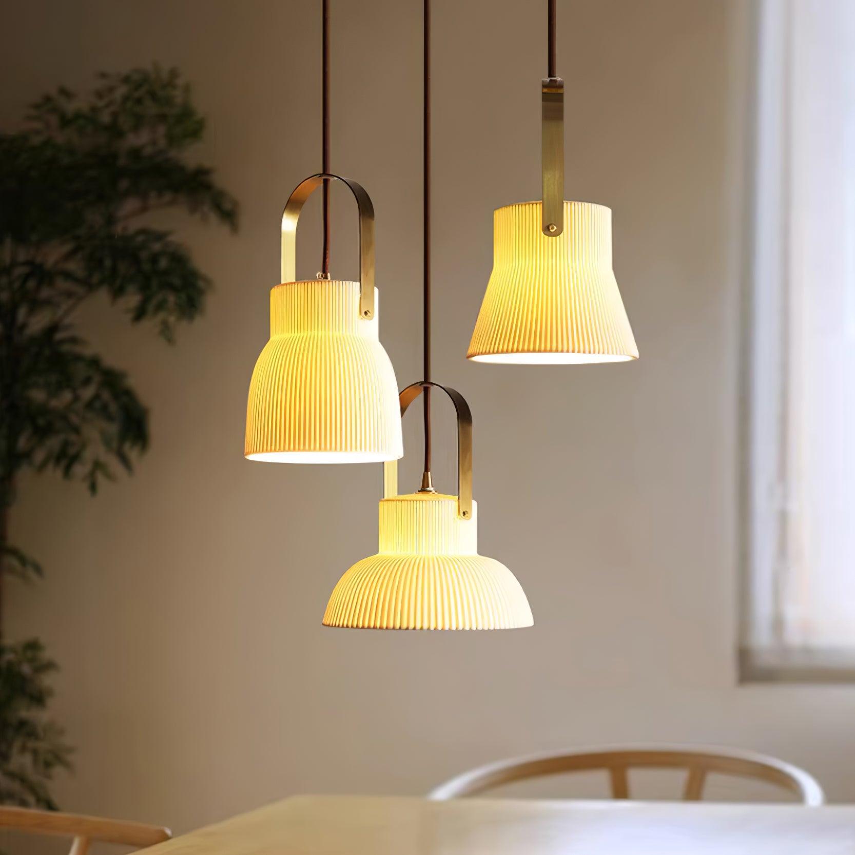 Pendant Lamp Ribbed White Ceramic with Brass Handle - Letslighting