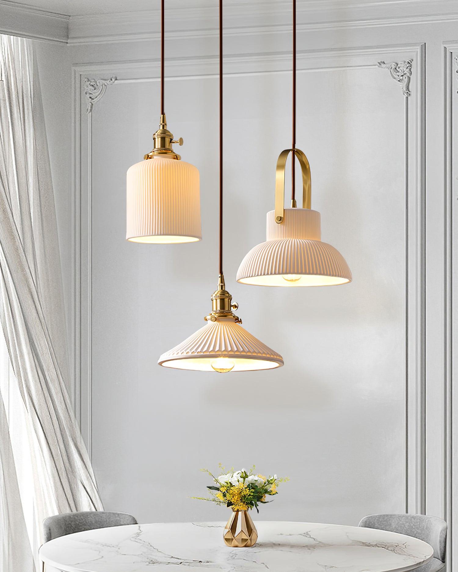 Pendant Lamp Ribbed White Ceramic with Brass Handle - Letslighting