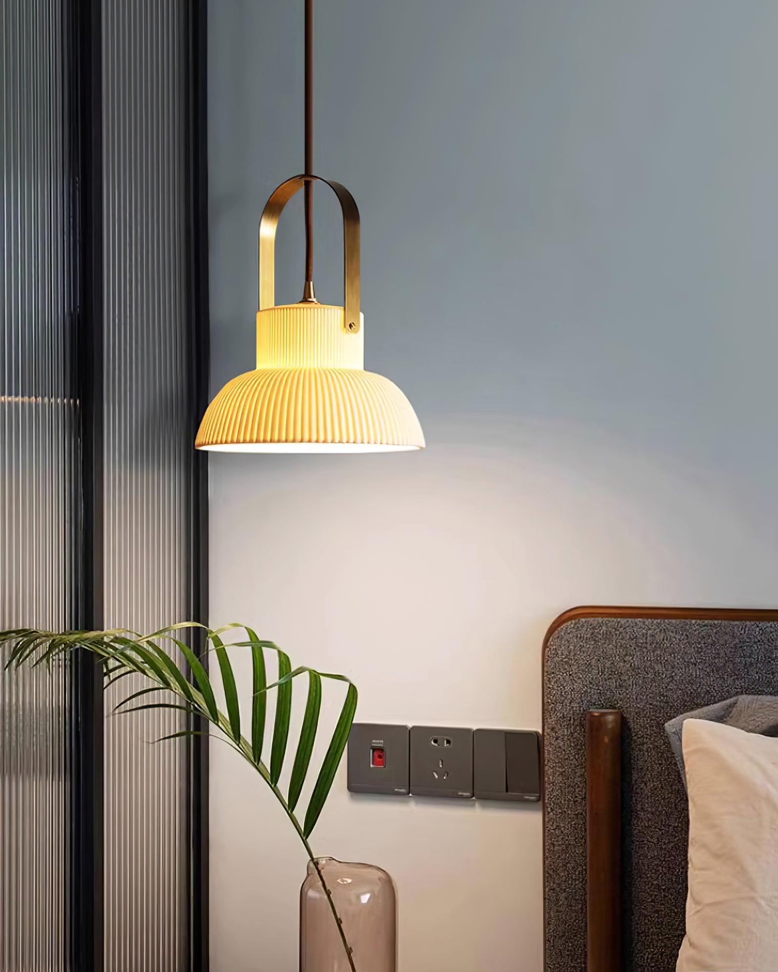 Pendant Lamp Ribbed White Ceramic with Brass Handle - Letslighting