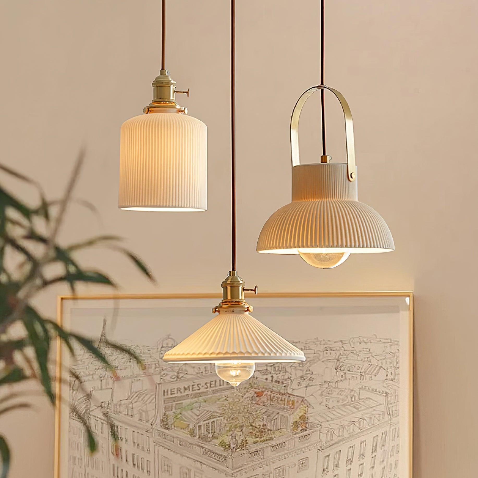 Pendant Lamp Ribbed White Ceramic with Brass Handle - Letslighting