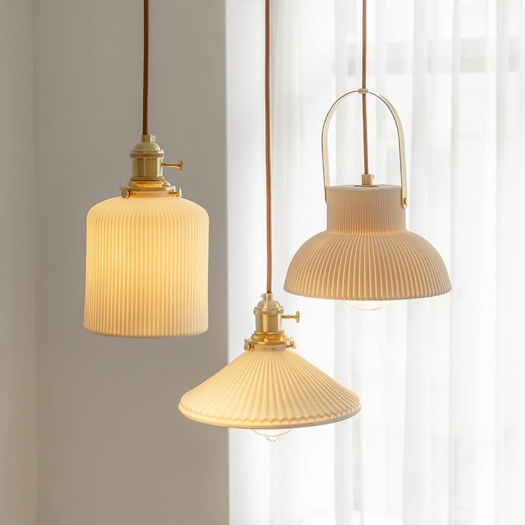 Pendant Lamp Ribbed White Ceramic with Brass Handle - Letslighting