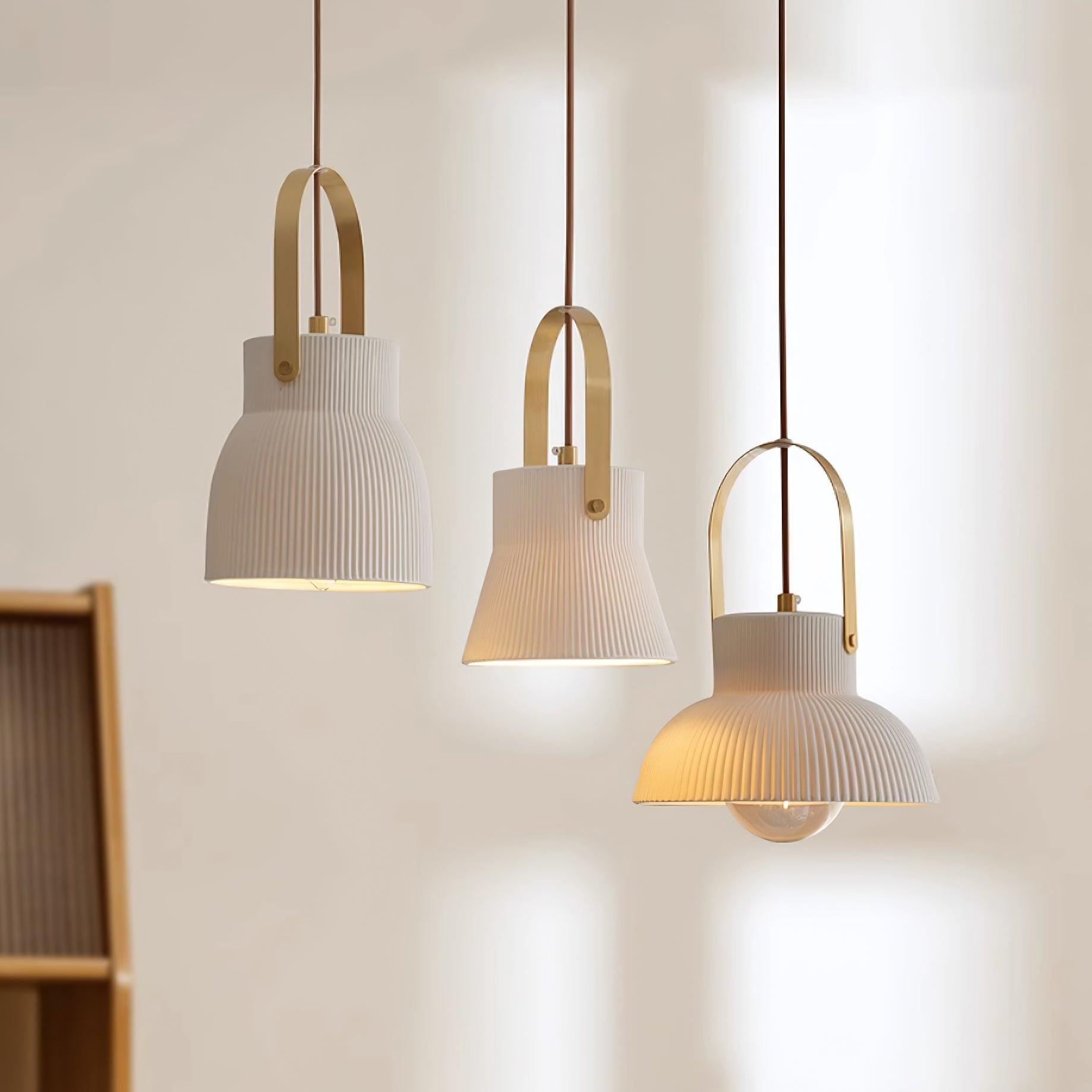 Pendant Lamp Ribbed White Ceramic with Brass Handle - Letslighting