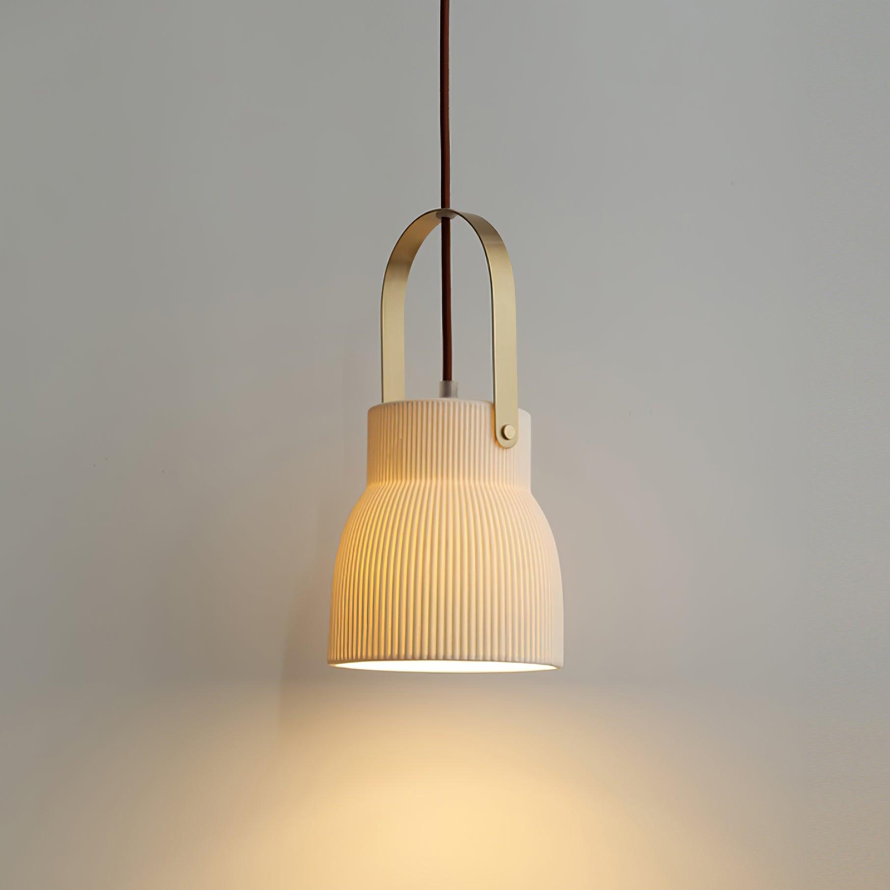 Pendant Lamp Ribbed White Ceramic with Brass Handle - Letslighting
