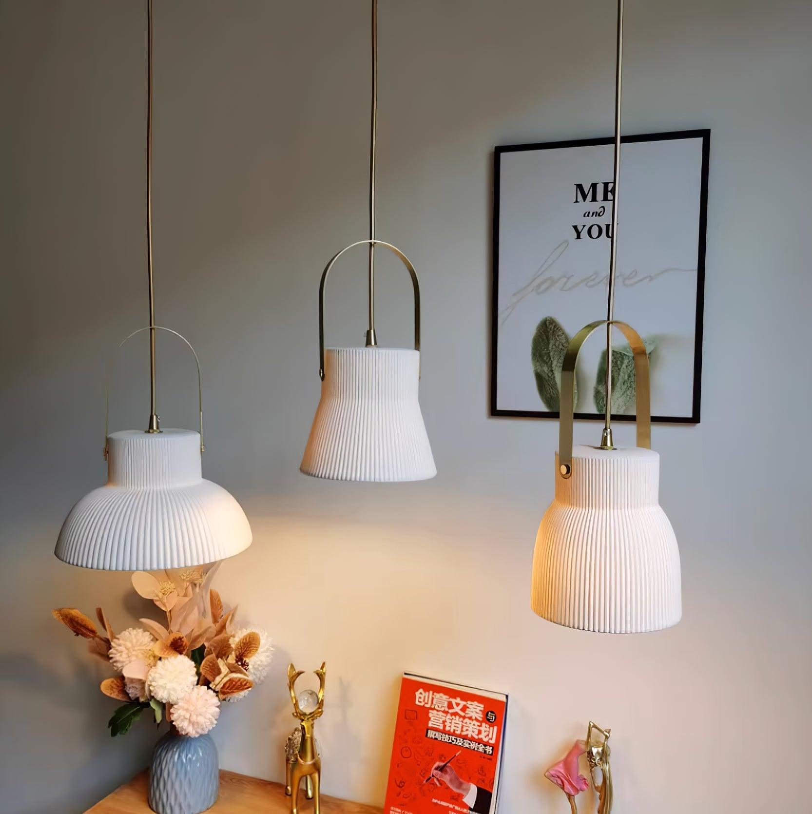 Pendant Lamp Ribbed White Ceramic with Brass Handle - Letslighting