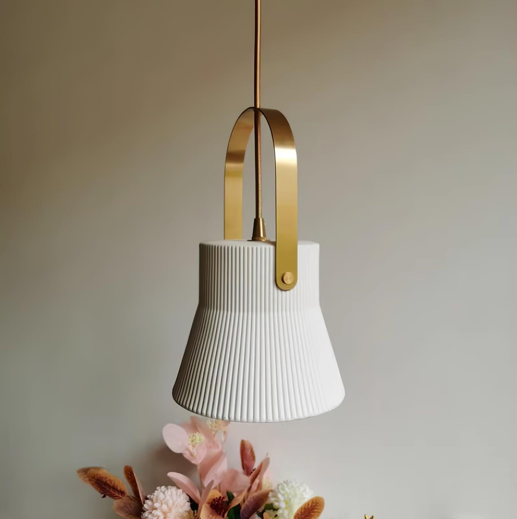 Pendant Lamp Ribbed White Ceramic with Brass Handle - Letslighting