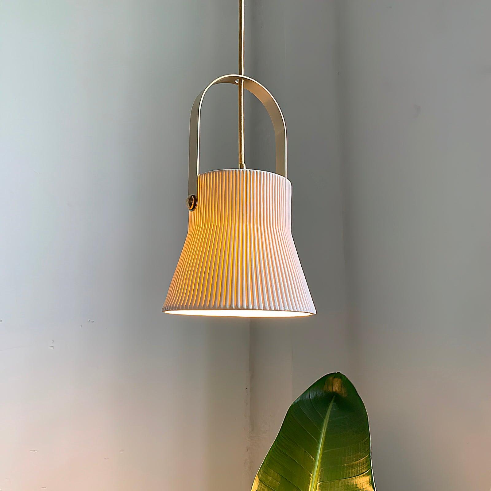 Pendant Lamp Ribbed White Ceramic with Brass Handle - Letslighting