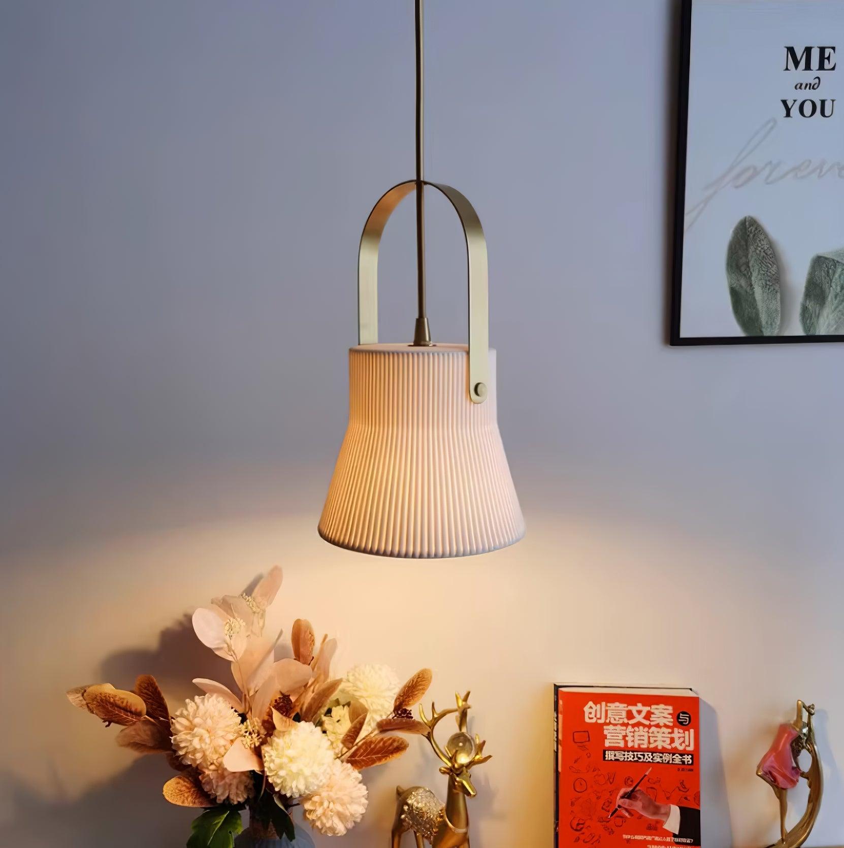 Pendant Lamp Ribbed White Ceramic with Brass Handle - Letslighting