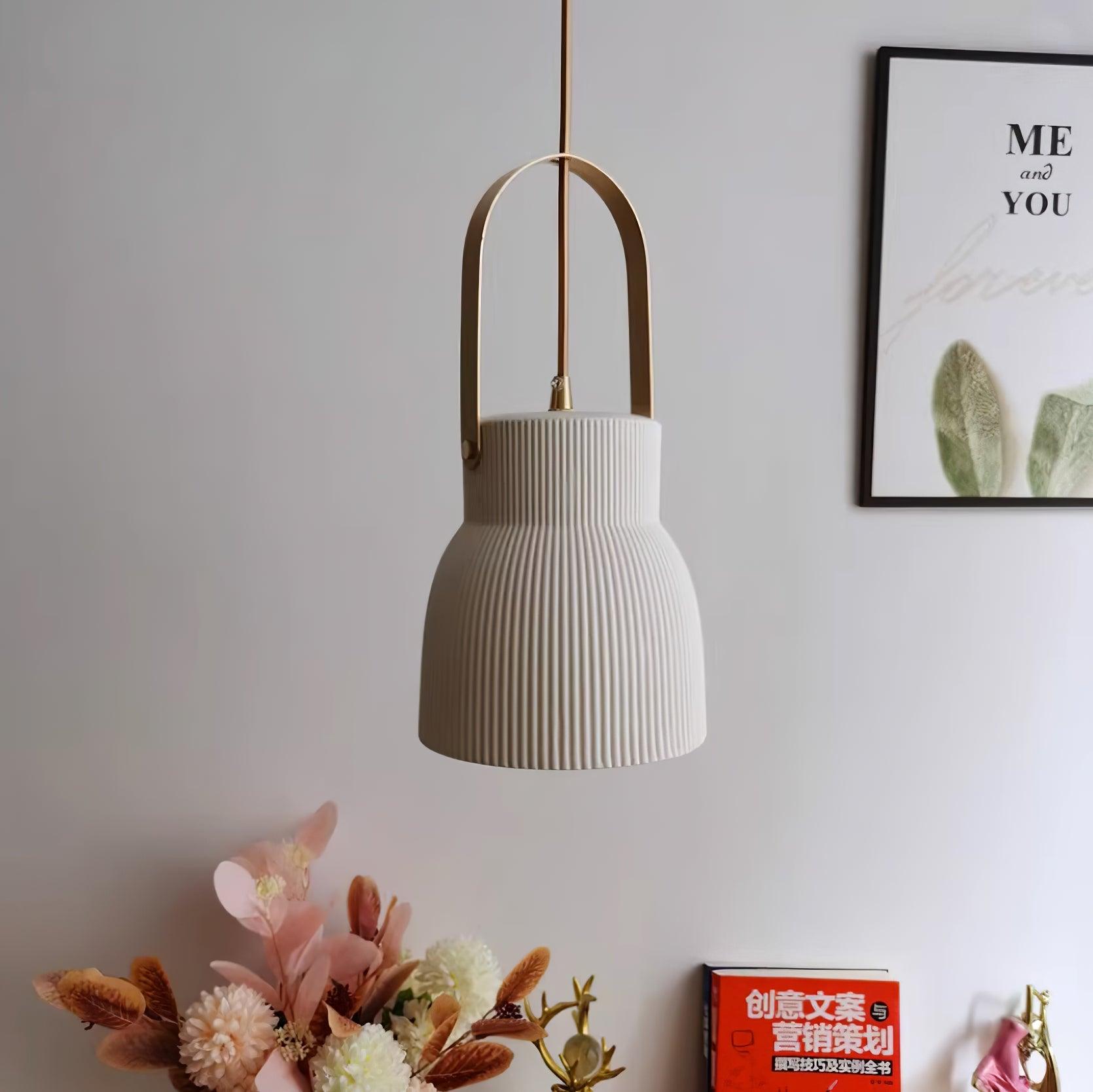 Pendant Lamp Ribbed White Ceramic with Brass Handle - Letslighting