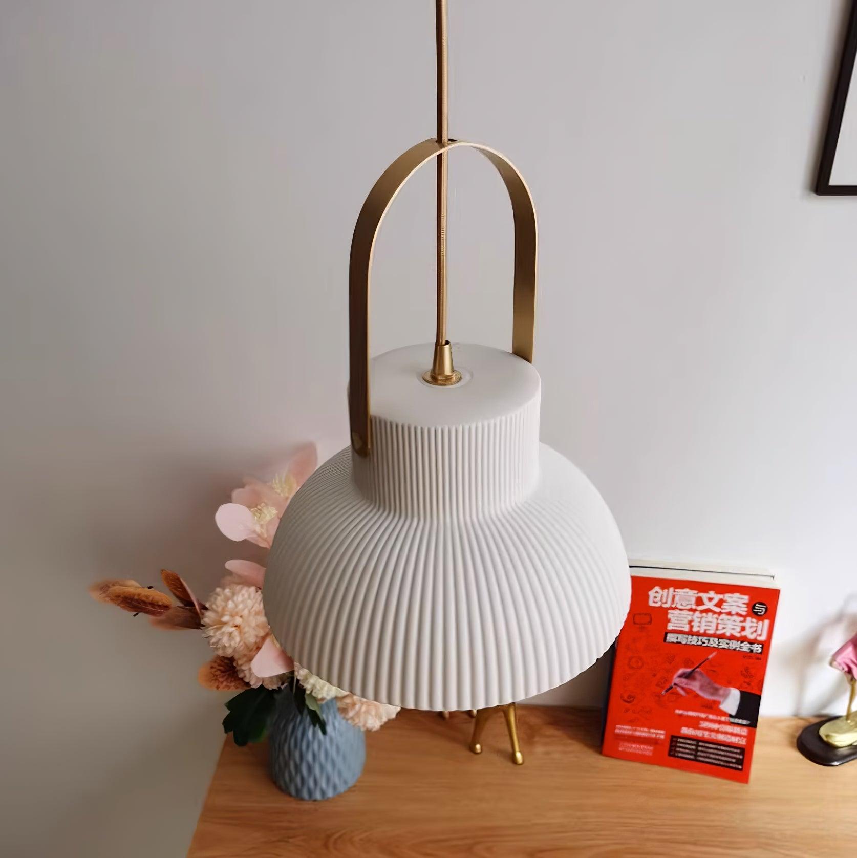 Pendant Lamp Ribbed White Ceramic with Brass Handle - Letslighting