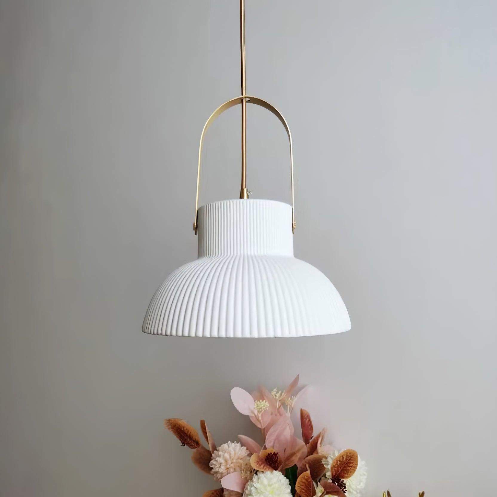 Pendant Lamp Ribbed White Ceramic with Brass Handle - Letslighting