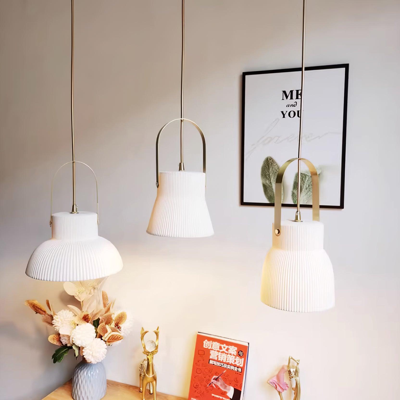 Pendant Lamp Ribbed White Ceramic with Brass Handle - Letslighting