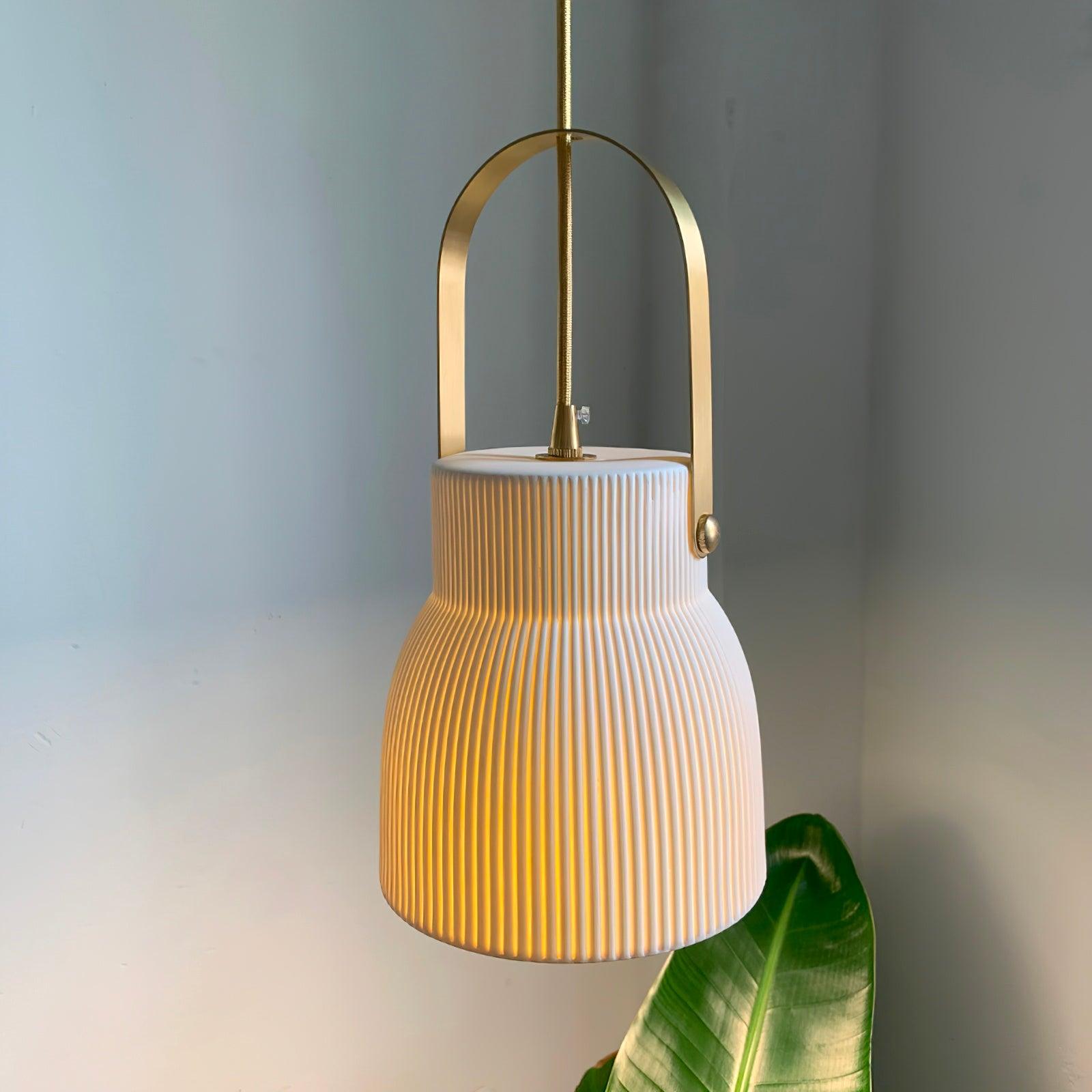 Pendant Lamp Ribbed White Ceramic with Brass Handle - Letslighting