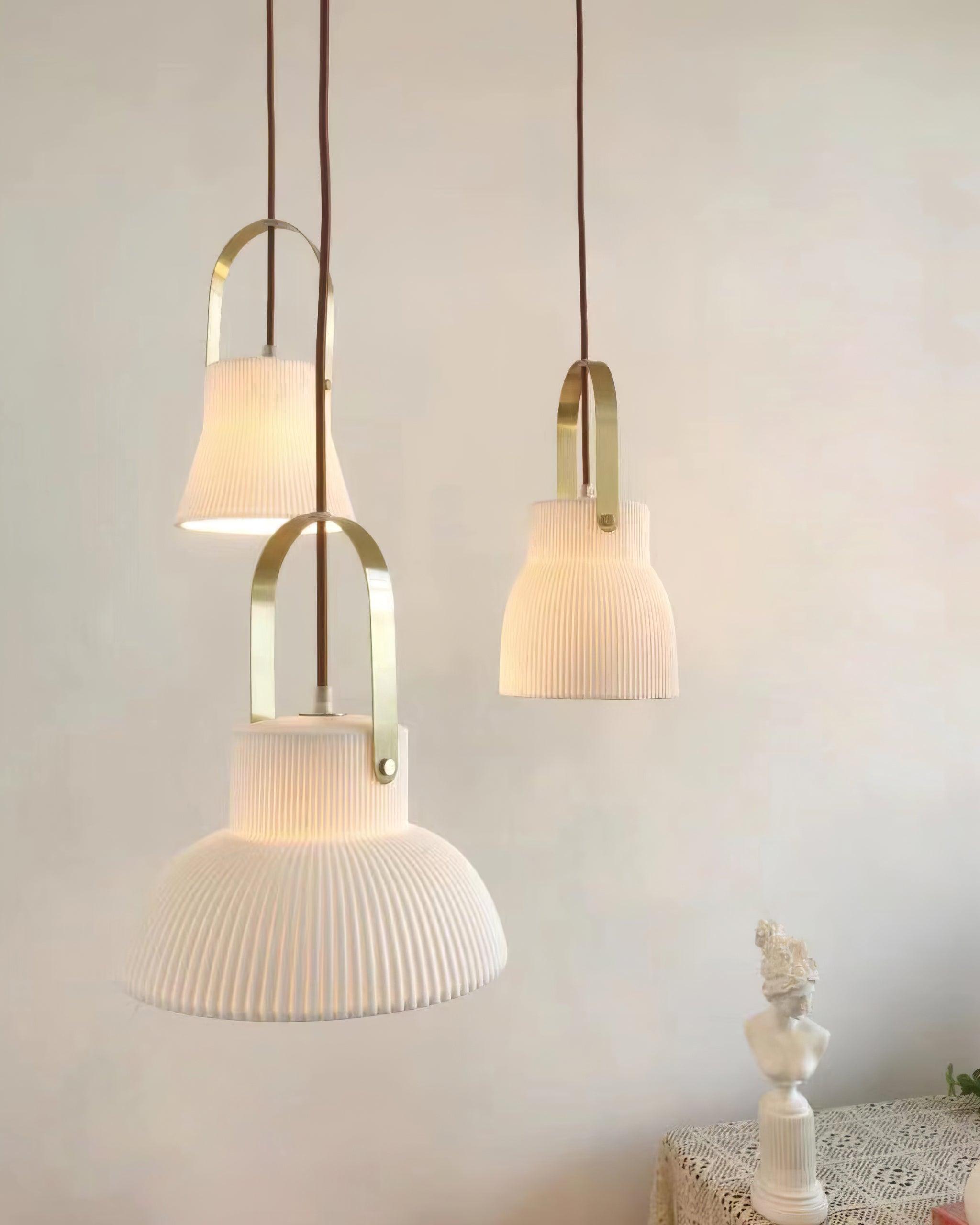 Pendant Lamp Ribbed White Ceramic with Brass Handle - Letslighting