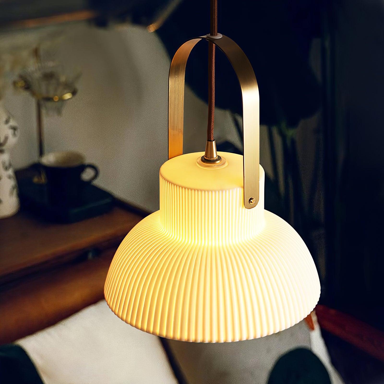 Pendant Lamp Ribbed White Ceramic with Brass Handle - Letslighting