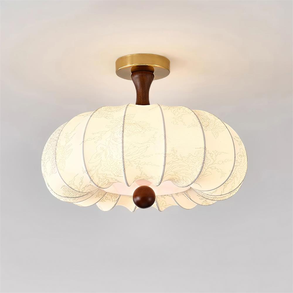 Ceiling Light Scalloped Fabric Shade Walnut Wood Canopy Vintage - Letslighting