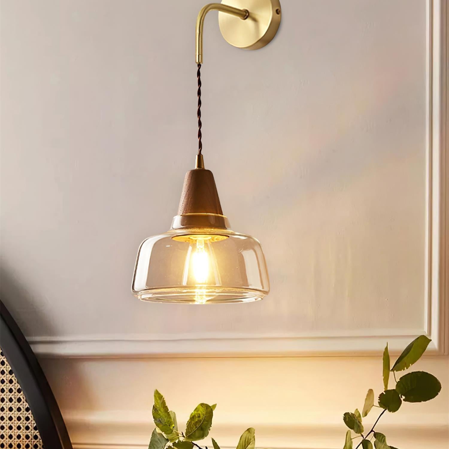 Wall Lamp Amber Glass Shade Tapered Walnut Accent Soft Glow Modern - Letslighting