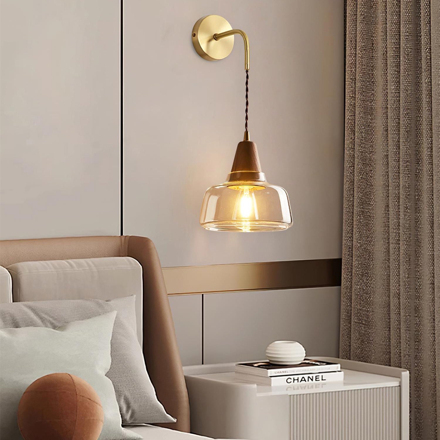 Wall Lamp Amber Glass Shade Tapered Walnut Accent Soft Glow Modern - Letslighting