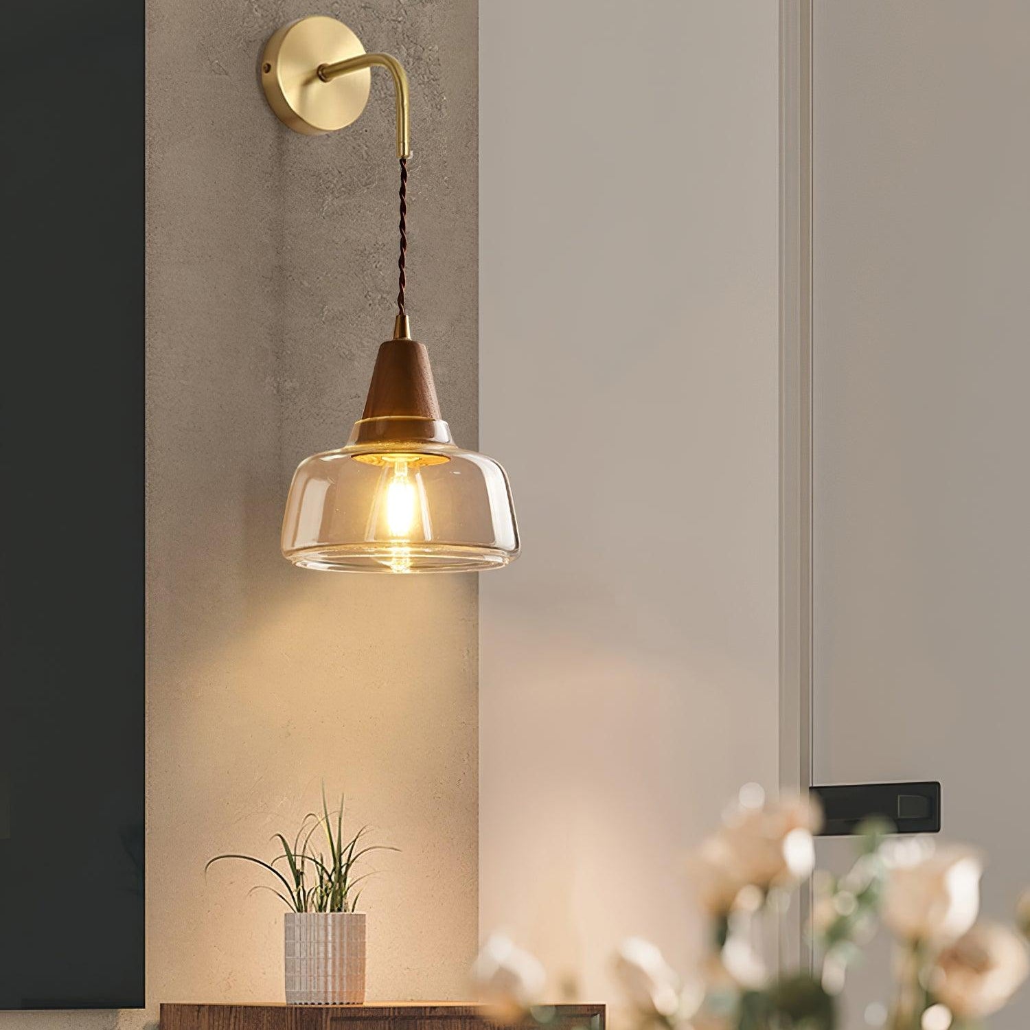 Wall Lamp Amber Glass Shade Tapered Walnut Accent Soft Glow Modern - Letslighting