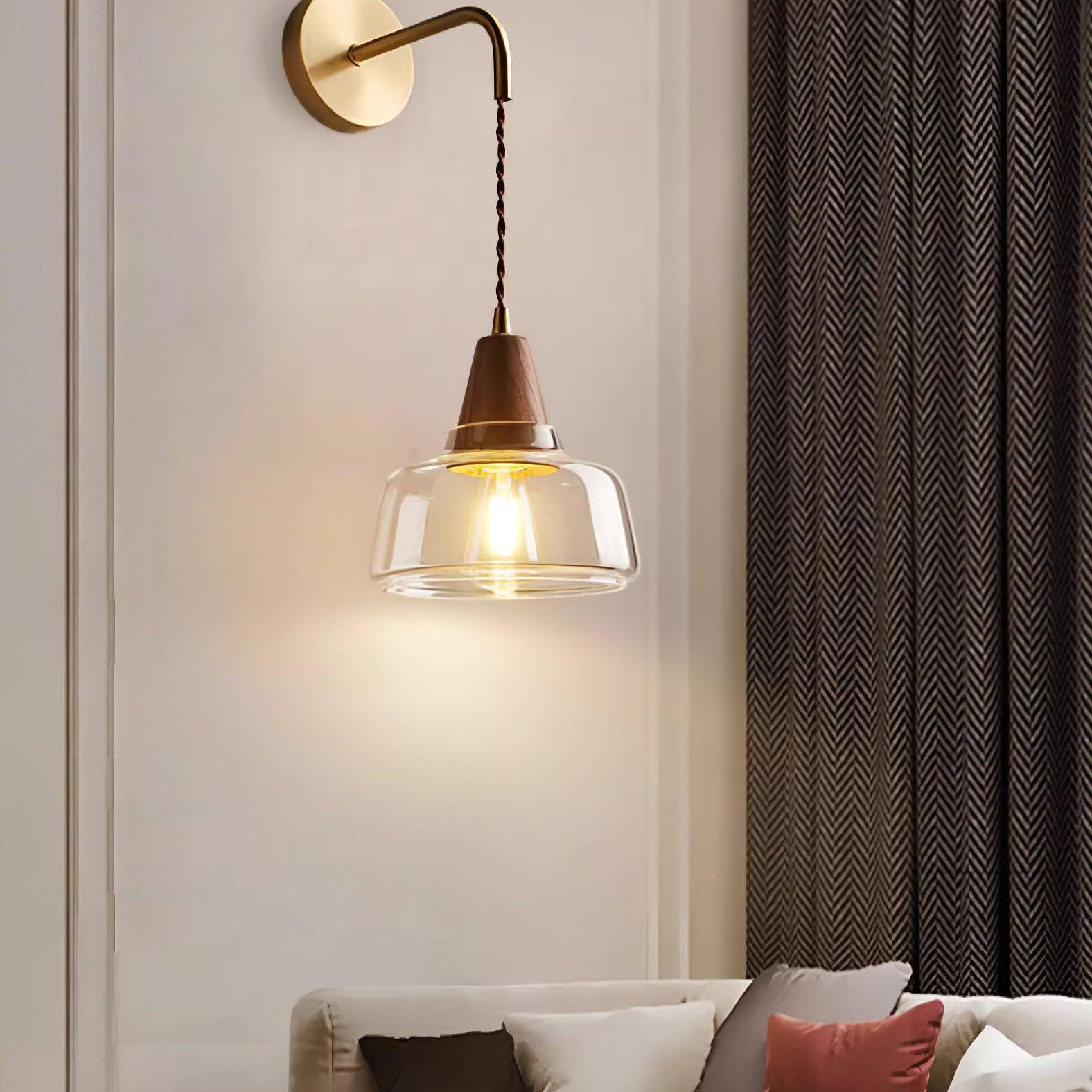 Wall Lamp Amber Glass Shade Tapered Walnut Accent Soft Glow Modern - Letslighting