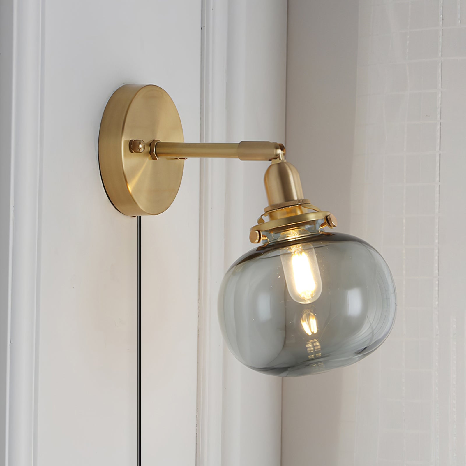 Baroque Wall Lamp Plug-In Smoke Glass Shade Brass Industrial - Letslighting