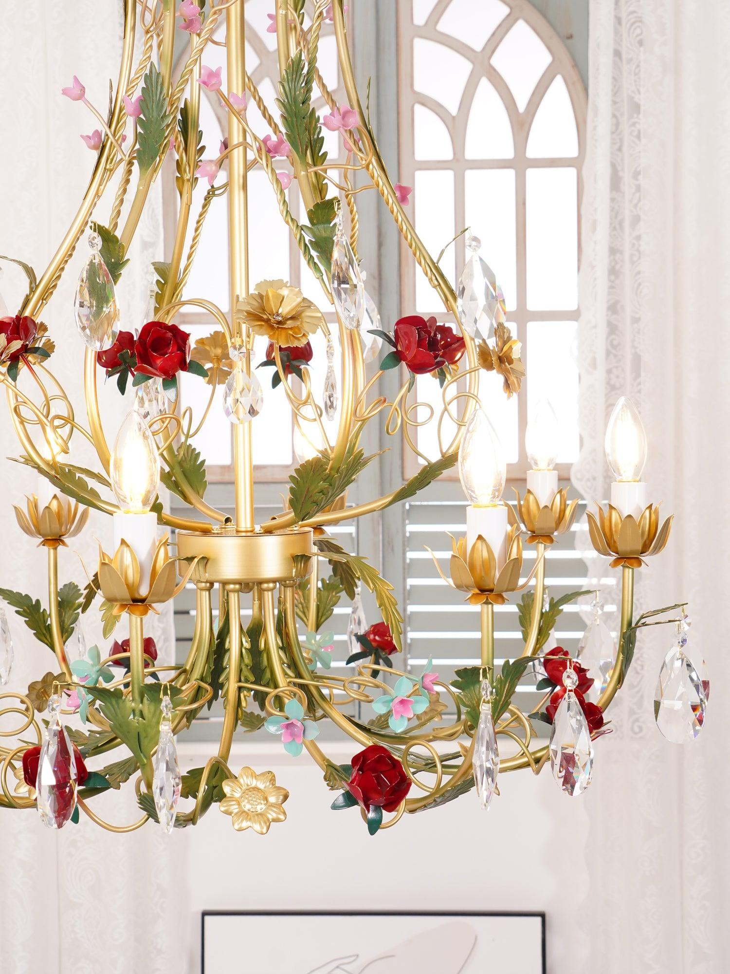 Lustra Chandelier Brass Floral Rose Crystal Candle - Letslighting