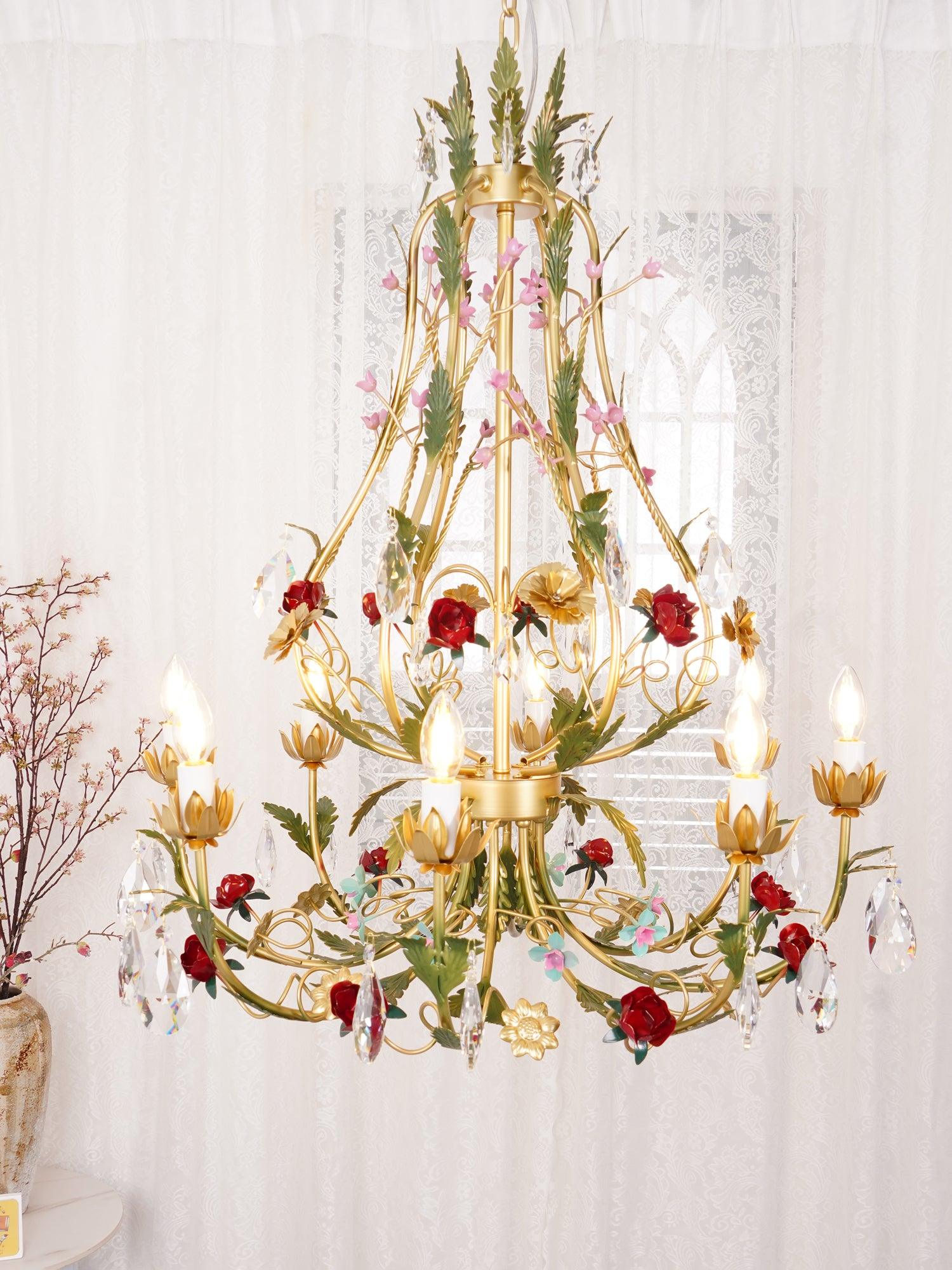 Lustra Chandelier Brass Floral Rose Crystal Candle - Letslighting